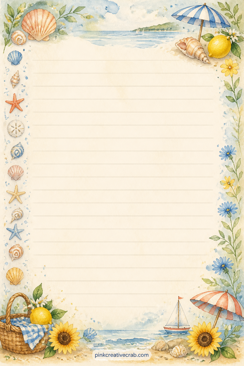 Seashell Band Lined Page printable page — Fill these lines with a packing list for a day at the water, a tide table from a favorite beach, or a short letter to