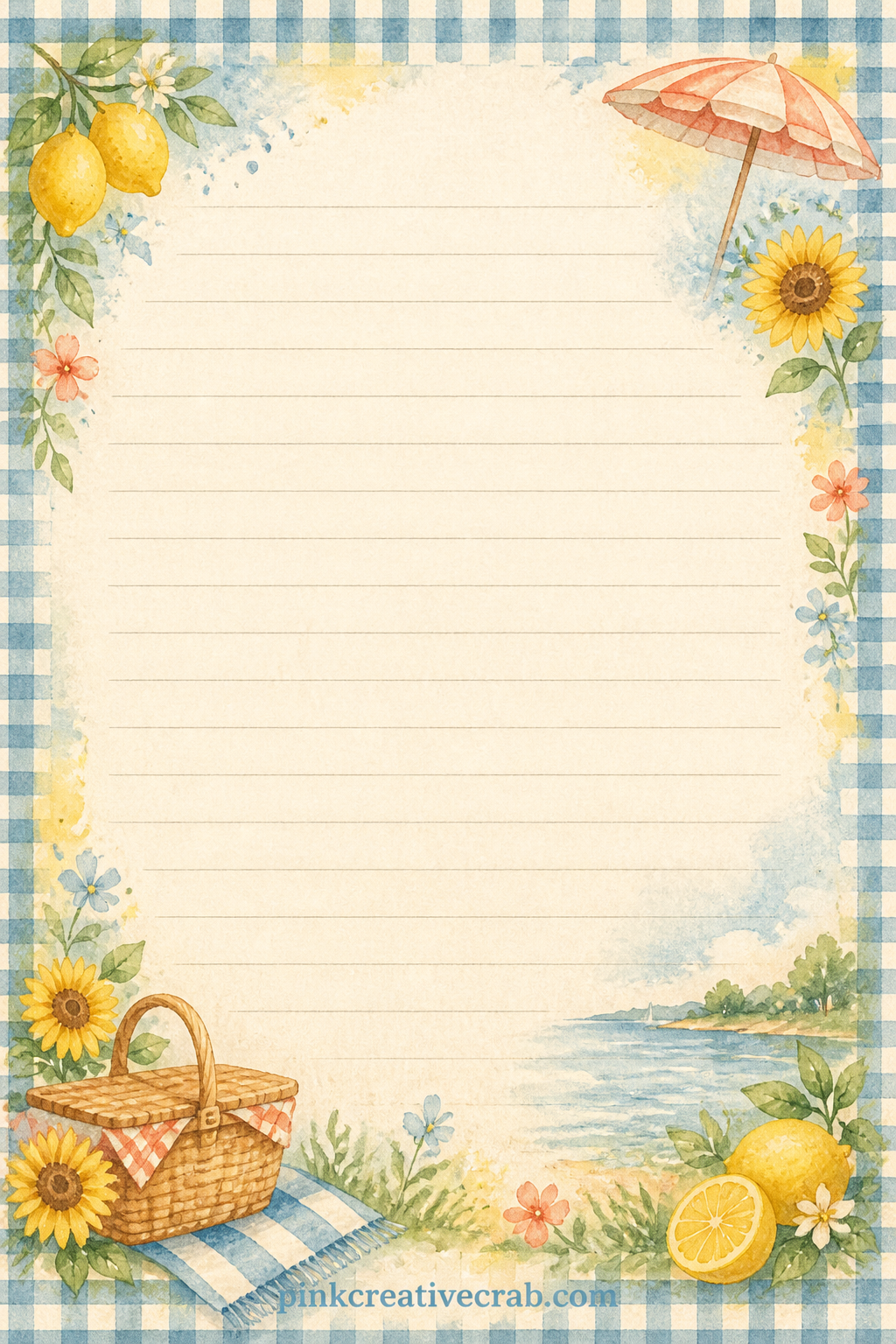 Gingham Frame Lined Page printable page — Use this page for a picnic menu, a list of what went in the basket, or a note about who joined you under the tree
