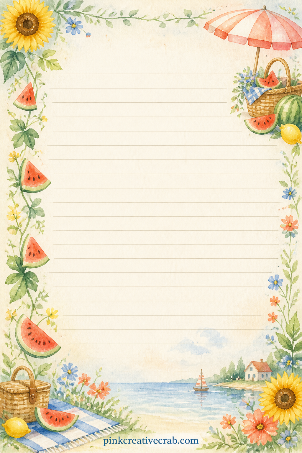 Watermelon Vine Lined Page printable page — Write a summer bucket list, a short recipe for something cold, or a line about the best thing you ate outdoors this