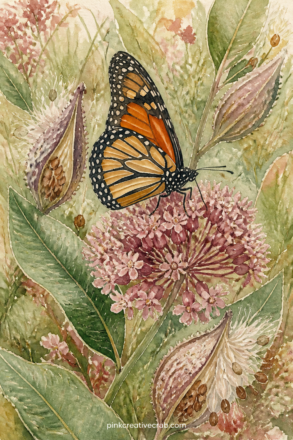 Monarch On Milkweed printable page — Settle a monarch mid-wing on a milkweed bloom, its orange and black panels open wide against a soft green field. Junk
