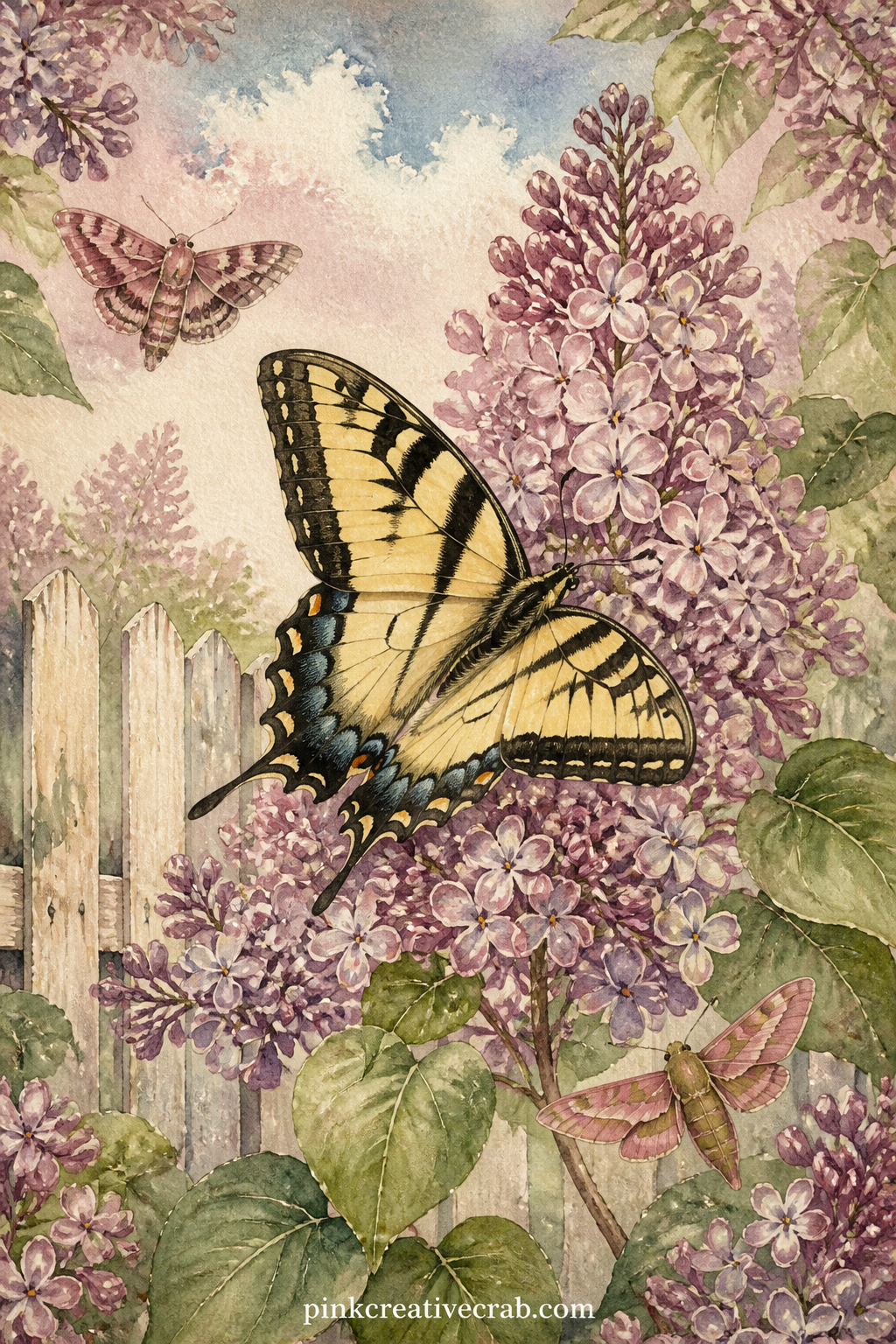 Swallowtail And Lilac printable page — Give this one to the reader who keeps a cutting garden: a swallowtail pauses on a lilac branch, wings dusted with