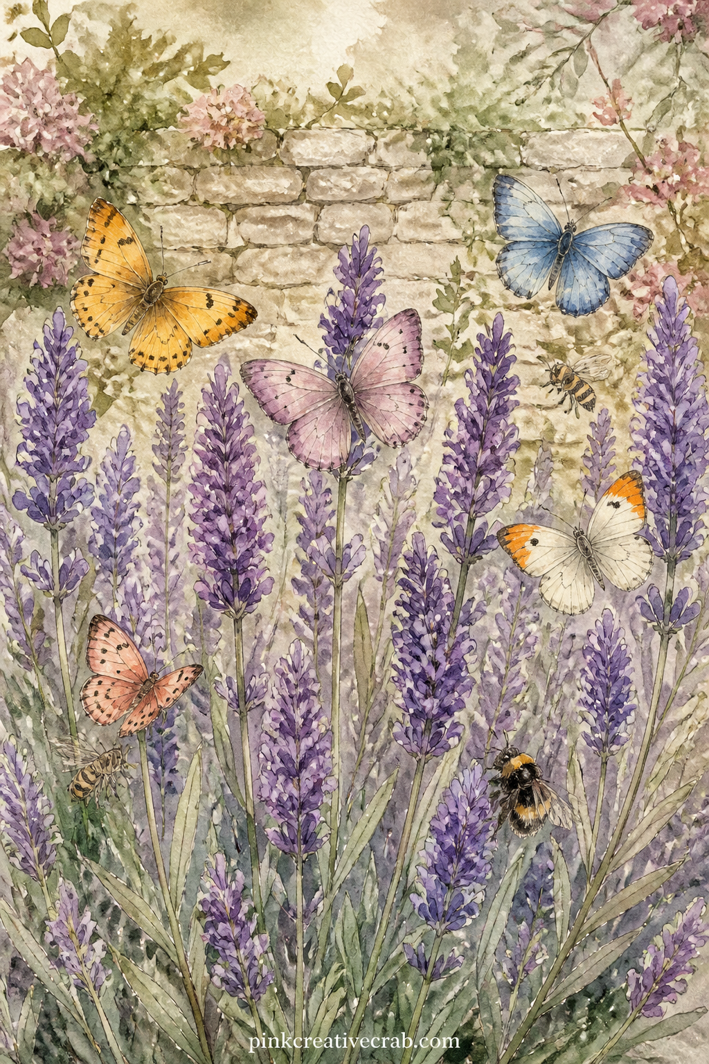 Garden Full Of Lavender printable page — Fill this page with a whole row of lavender stalks and let five or six small butterflies in different colors scatter