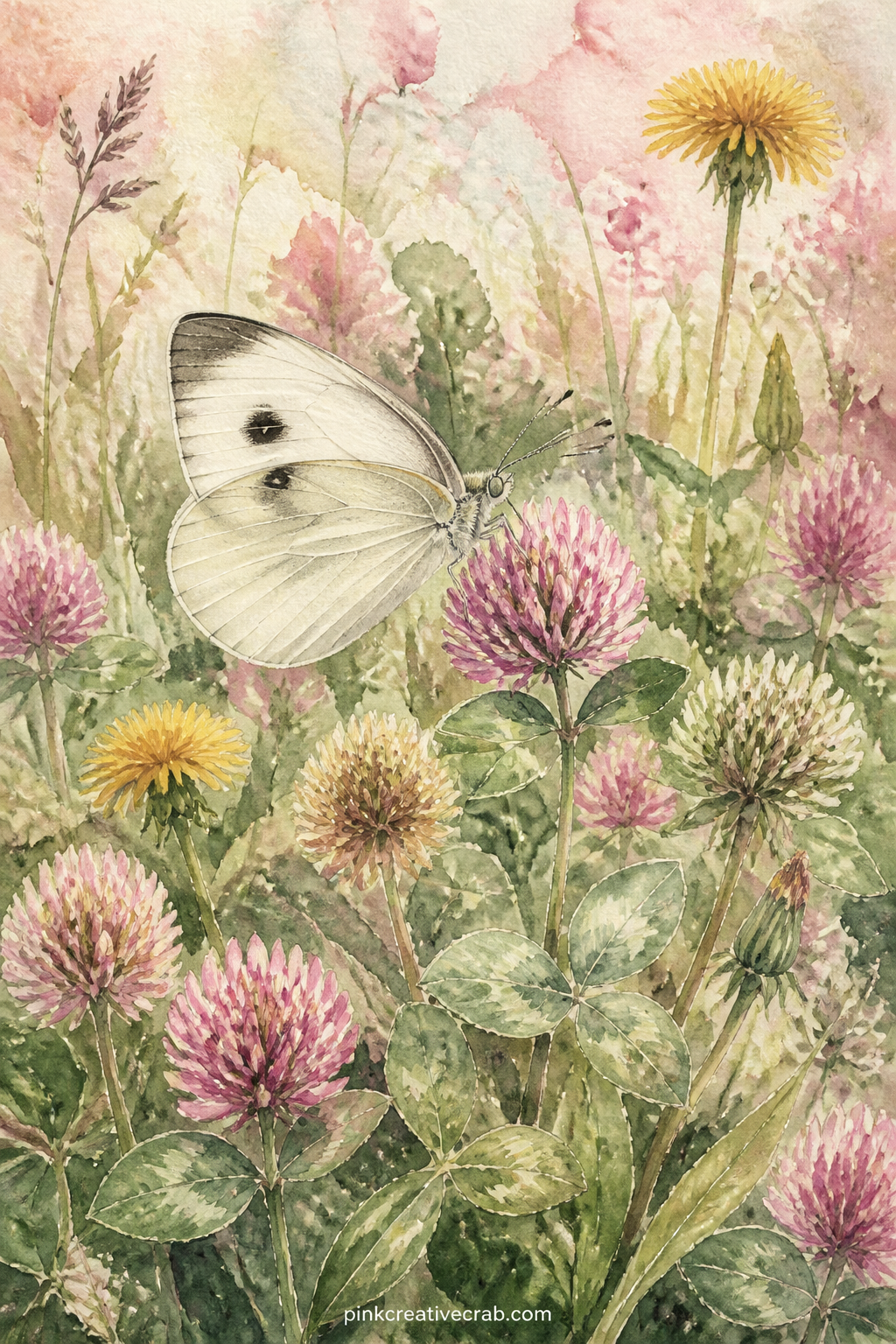 Cabbage White On Clover printable page — Pair a plain cabbage white butterfly resting on white clover with a scatter of dandelions and low grass behind it