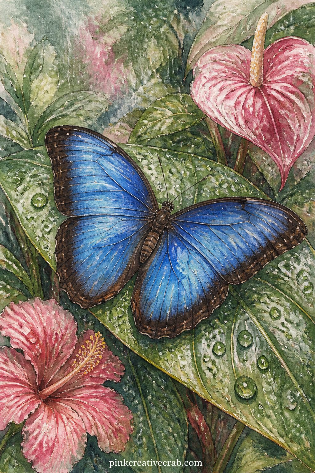 Blue Morpho In The Rain printable page — Place a blue morpho on a broad leaf just after rain, droplets beaded along the leaf edge and two smaller tropical