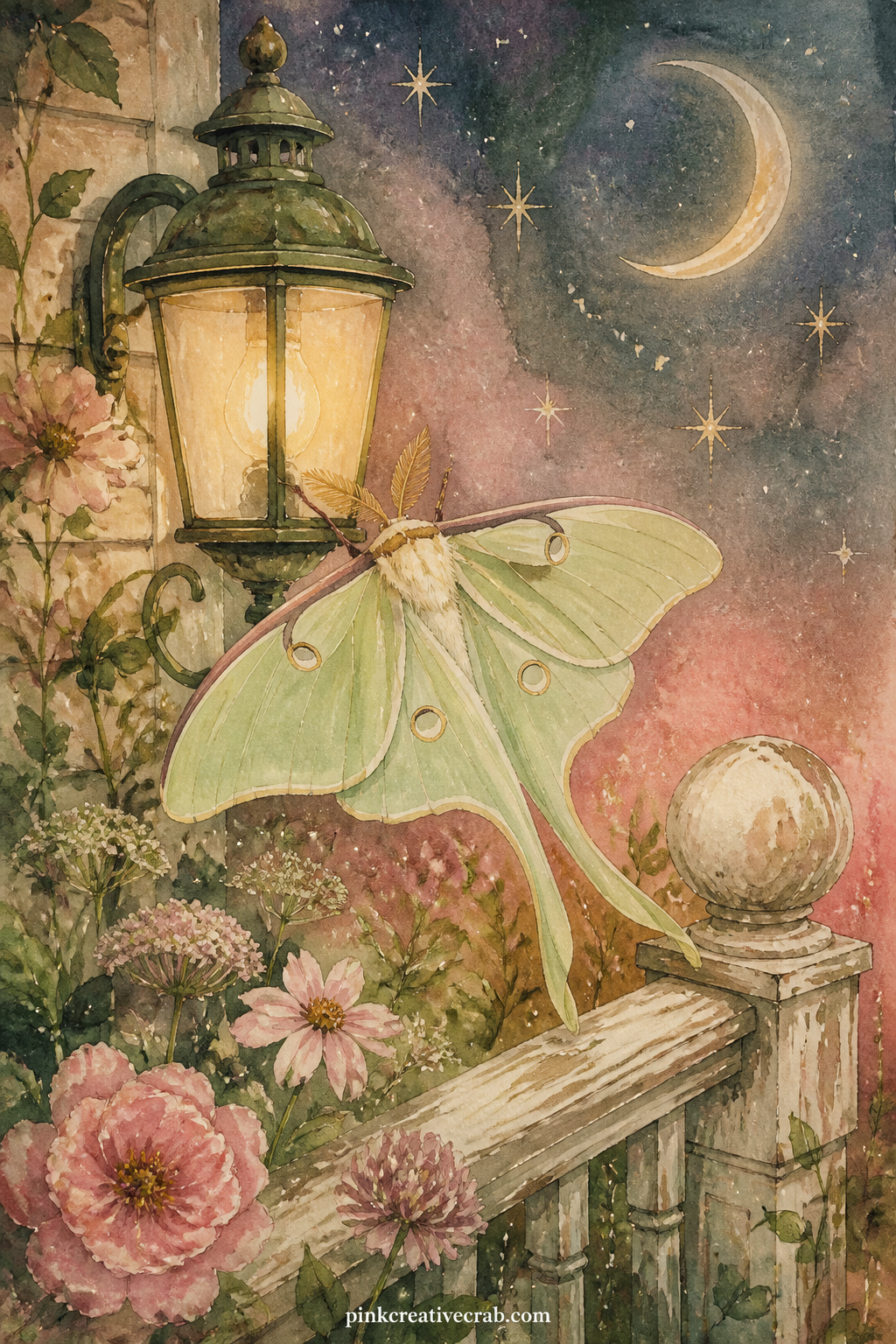 Luna Moth At The Porch Light printable page — Set a pale green luna moth against a porch light at dusk, its long tails trailing down over a railing while a