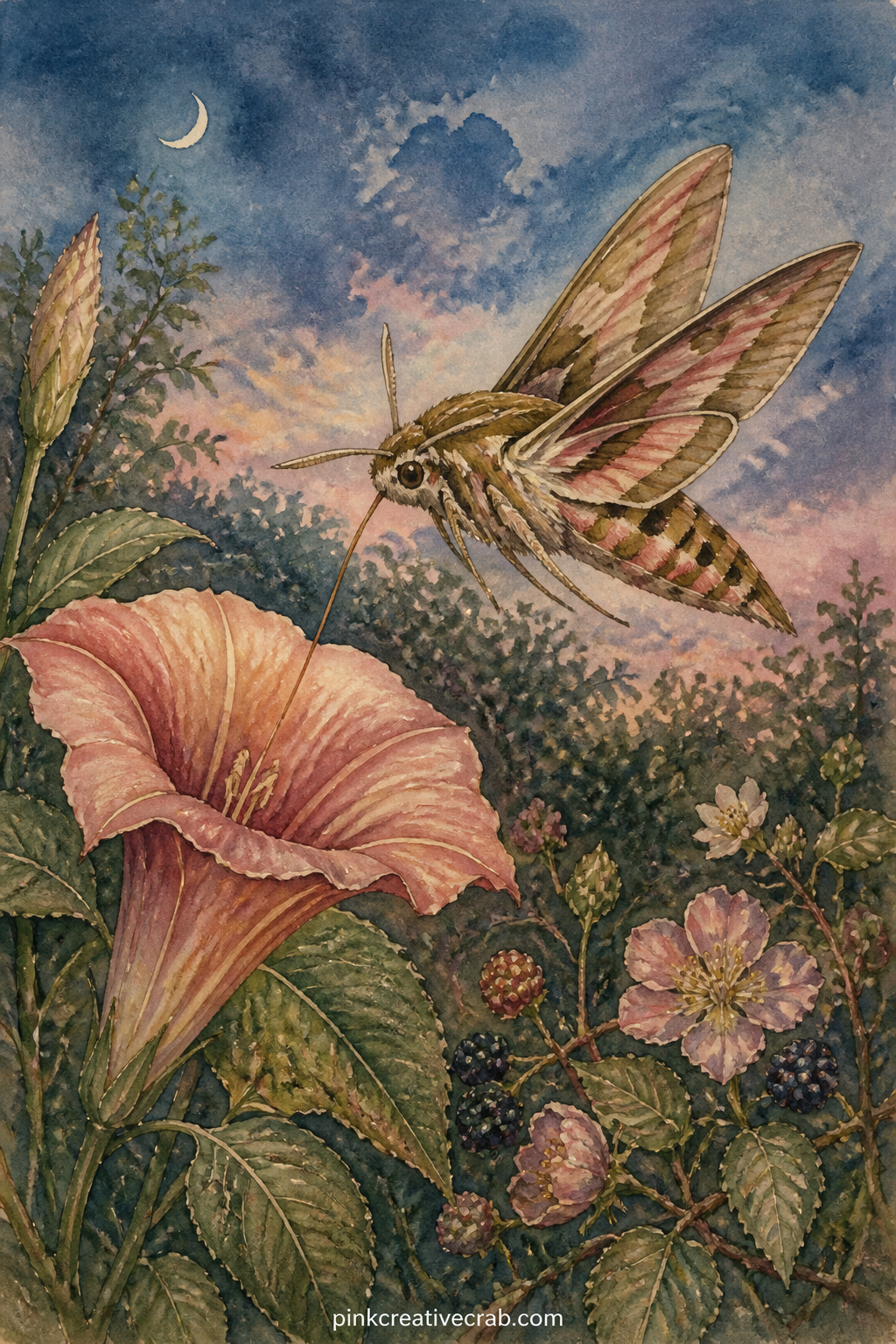 Sphinx Moth At Dusk printable page — The usual mistake with a moth page is painting it too bright, since moths read as night creatures and need a dim