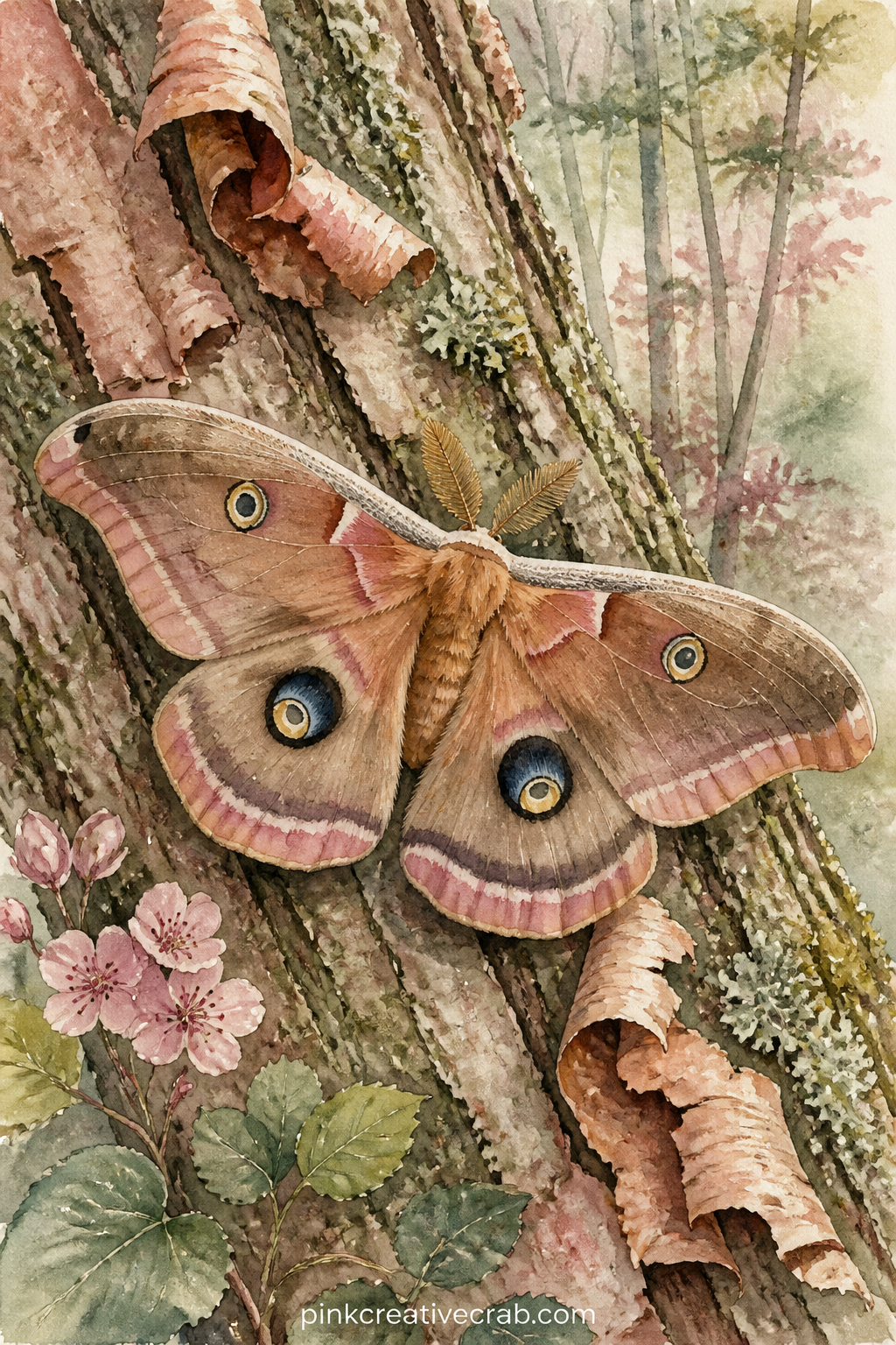 Polyphemus Moth On Bark printable page — Rest a large polyphemus moth flat against tree bark, its eyespots fully visible, with a few curls of peeling bark and