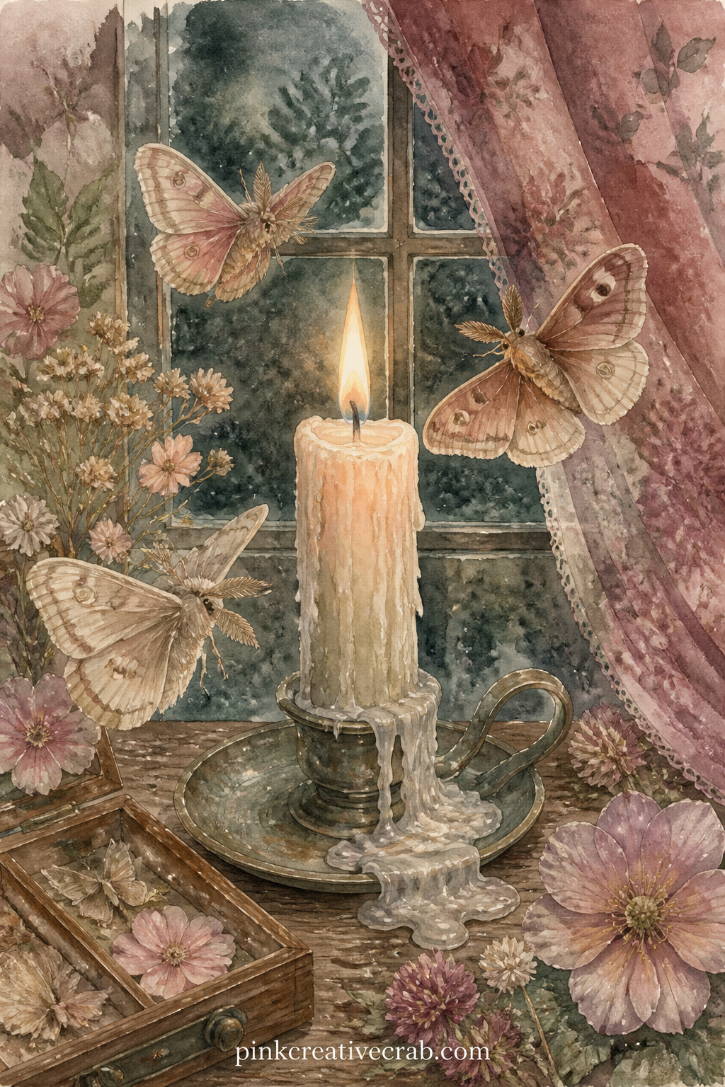 Moths Around A Candle printable page — This spread works for the reader keeping a quiet evening journal, someone who writes best by lamplight. Junk journal
