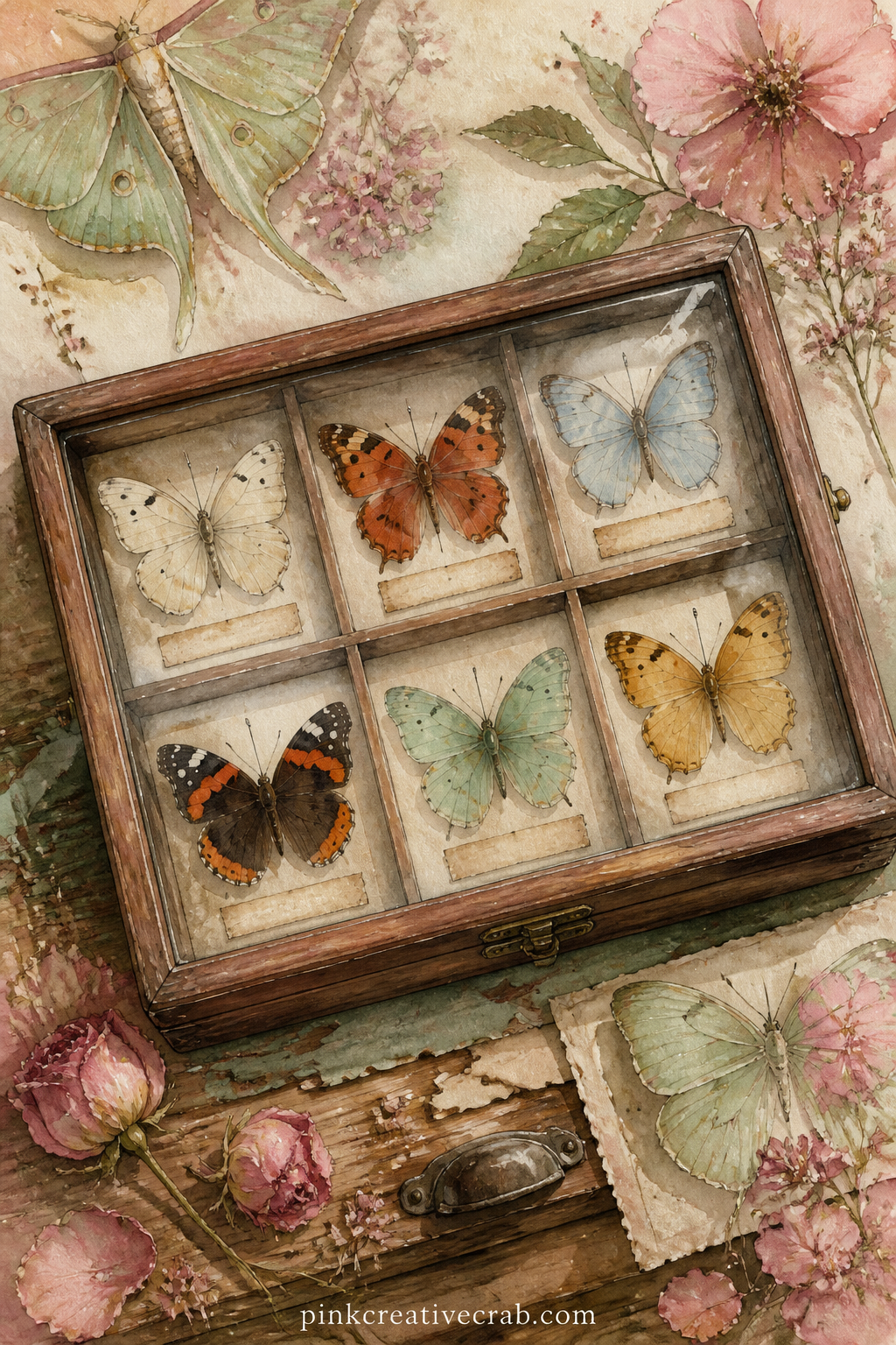 Vintage Specimen Box printable page — Fill a wooden specimen box with six pinned butterflies of different sizes and colors, each labeled with a tiny faded tag