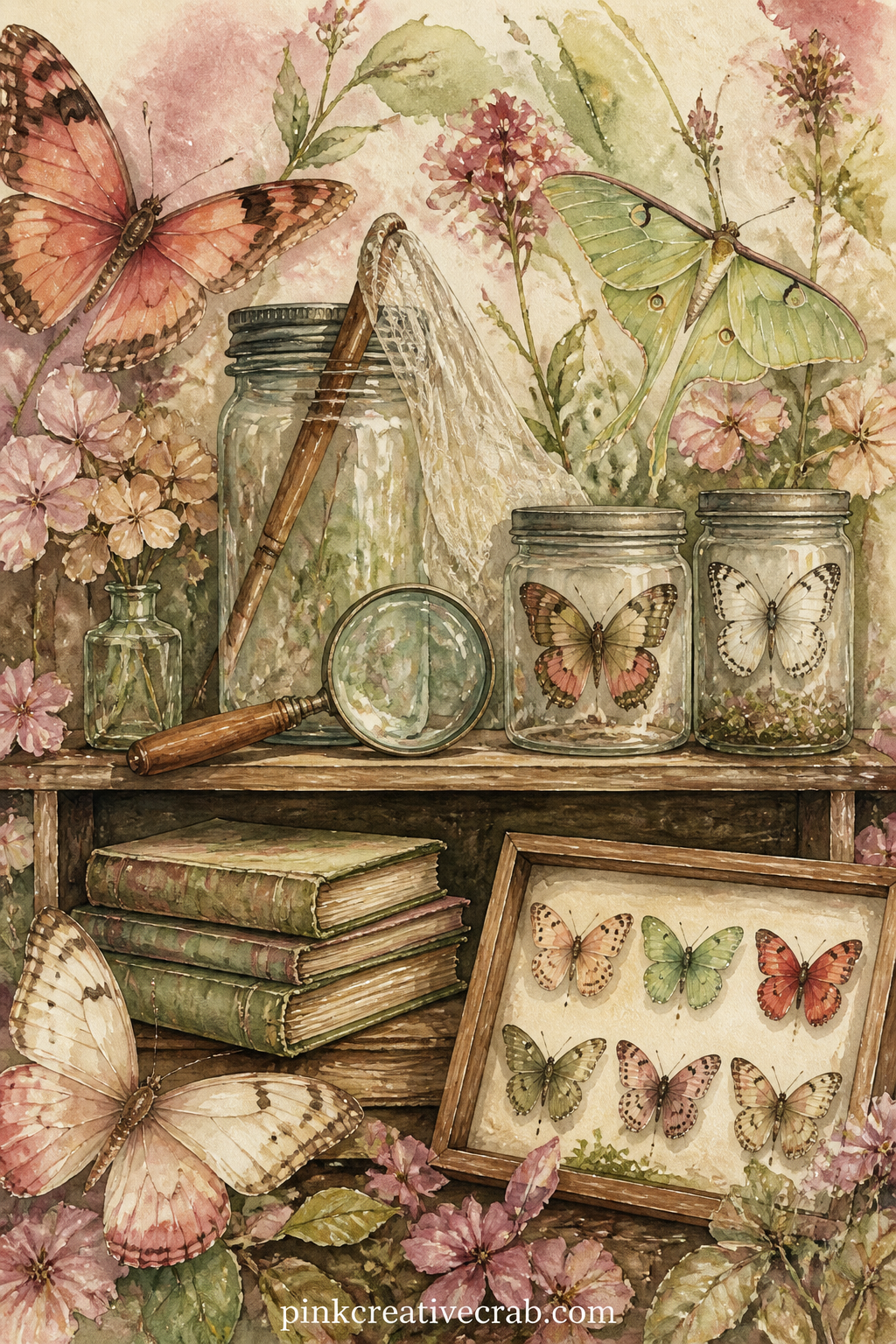 Butterfly Collector's Shelf printable page — Line up a small shelf with a magnifying glass, a glass jar holding a folded net, two labeled specimen jars and a