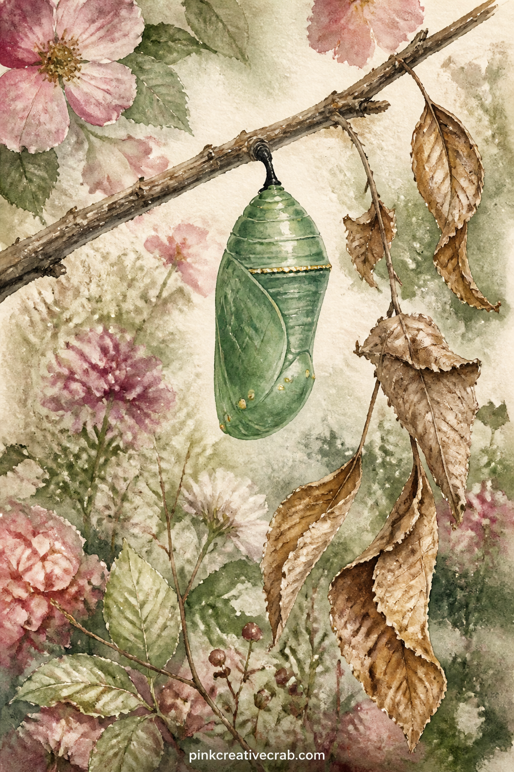 Chrysalis On A Twig printable page — Hang a jade green chrysalis from a bare twig, a few curled dry leaves nearby and a soft blurred garden wash behind it, the