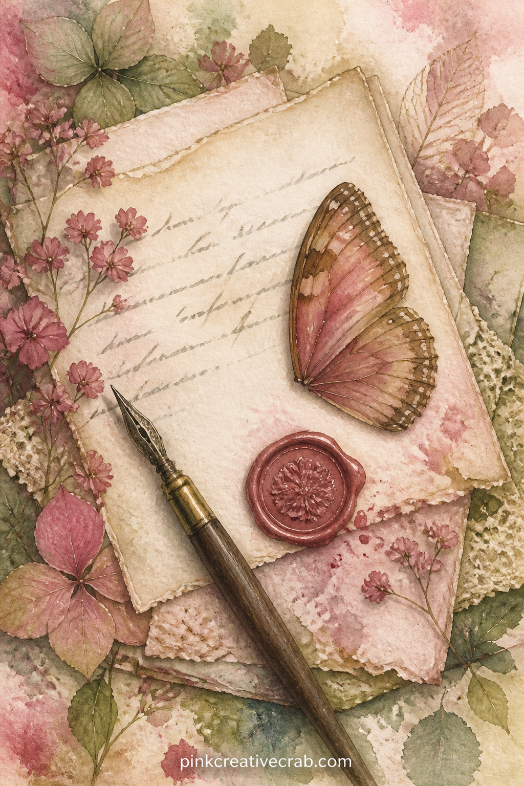 Letter With A Pressed Wing printable page — Tuck a small pressed butterfly wing beside a half-written letter on faded paper, a wax seal and a dip pen resting