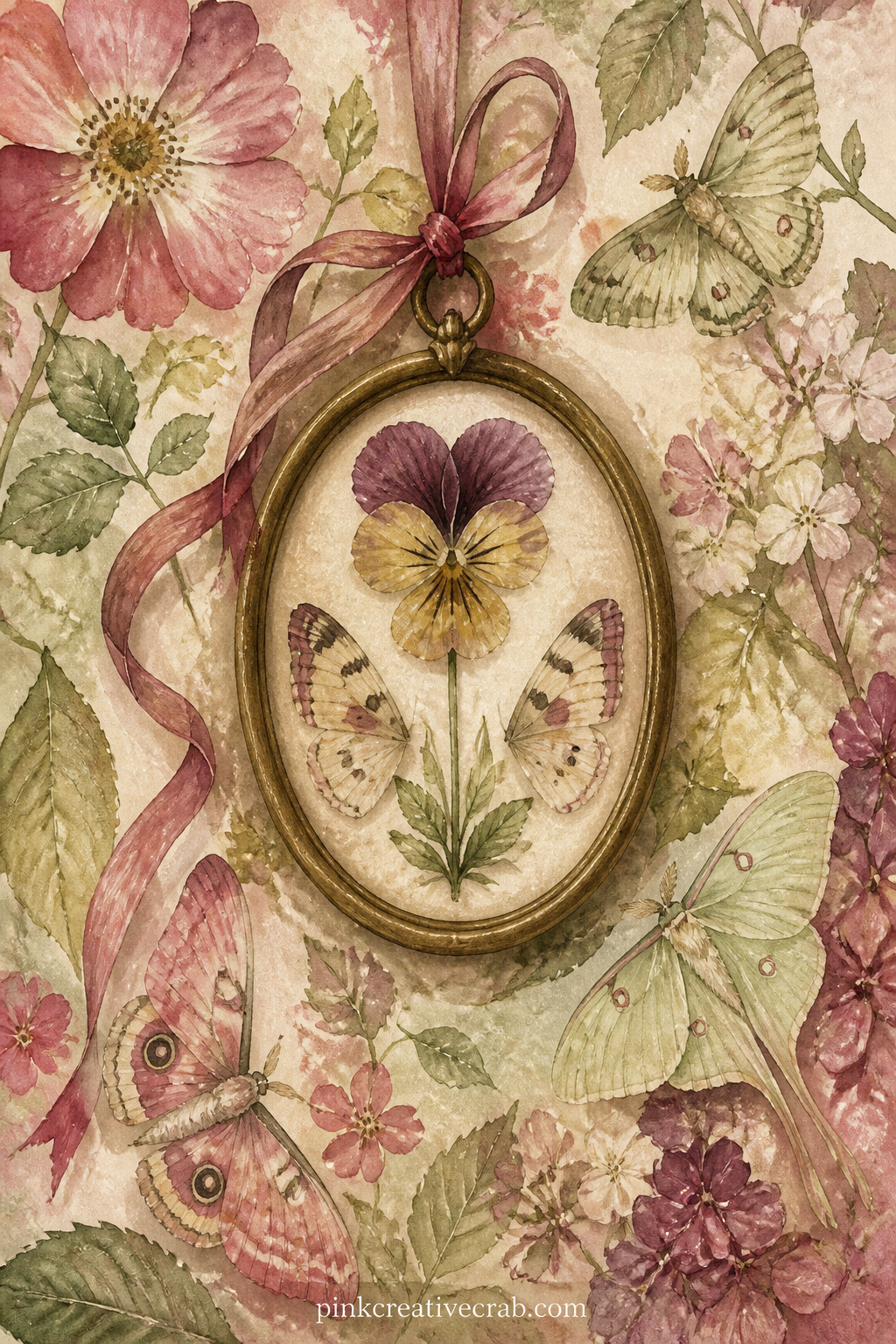 Pressed Flower And Wings Frame printable page — Arrange a small oval frame holding a pressed pansy and two tiny painted wings, ribbon trailing from the top of