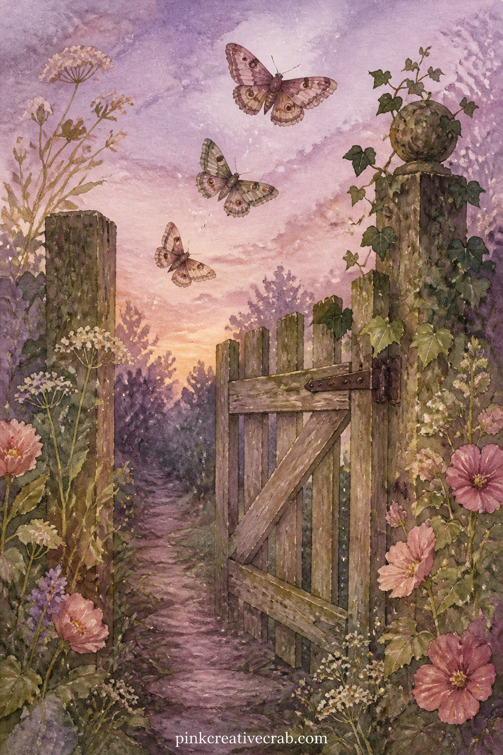 Garden Gate At Twilight printable page — A low wooden garden gate stands half open with ivy climbing one post and three moths rising past it into a lavender