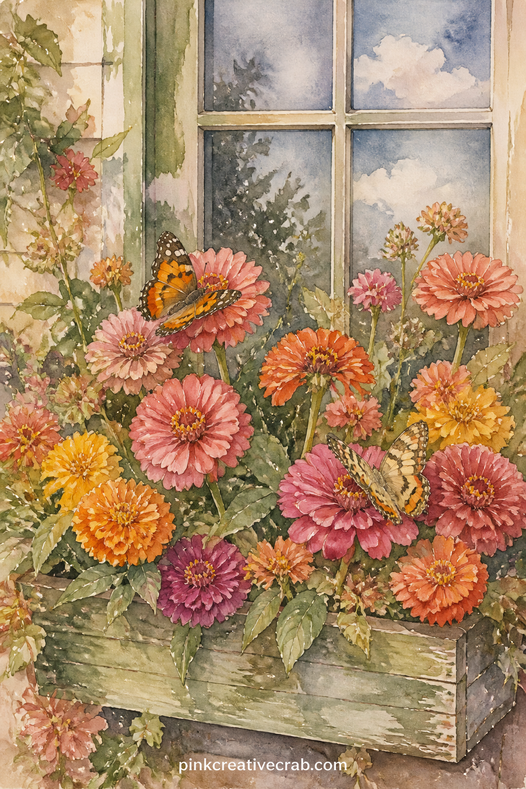Window Box Of Zinnias printable page — Set a wooden window box overflowing with zinnias and marigolds along a sill, two butterflies landing among the blooms