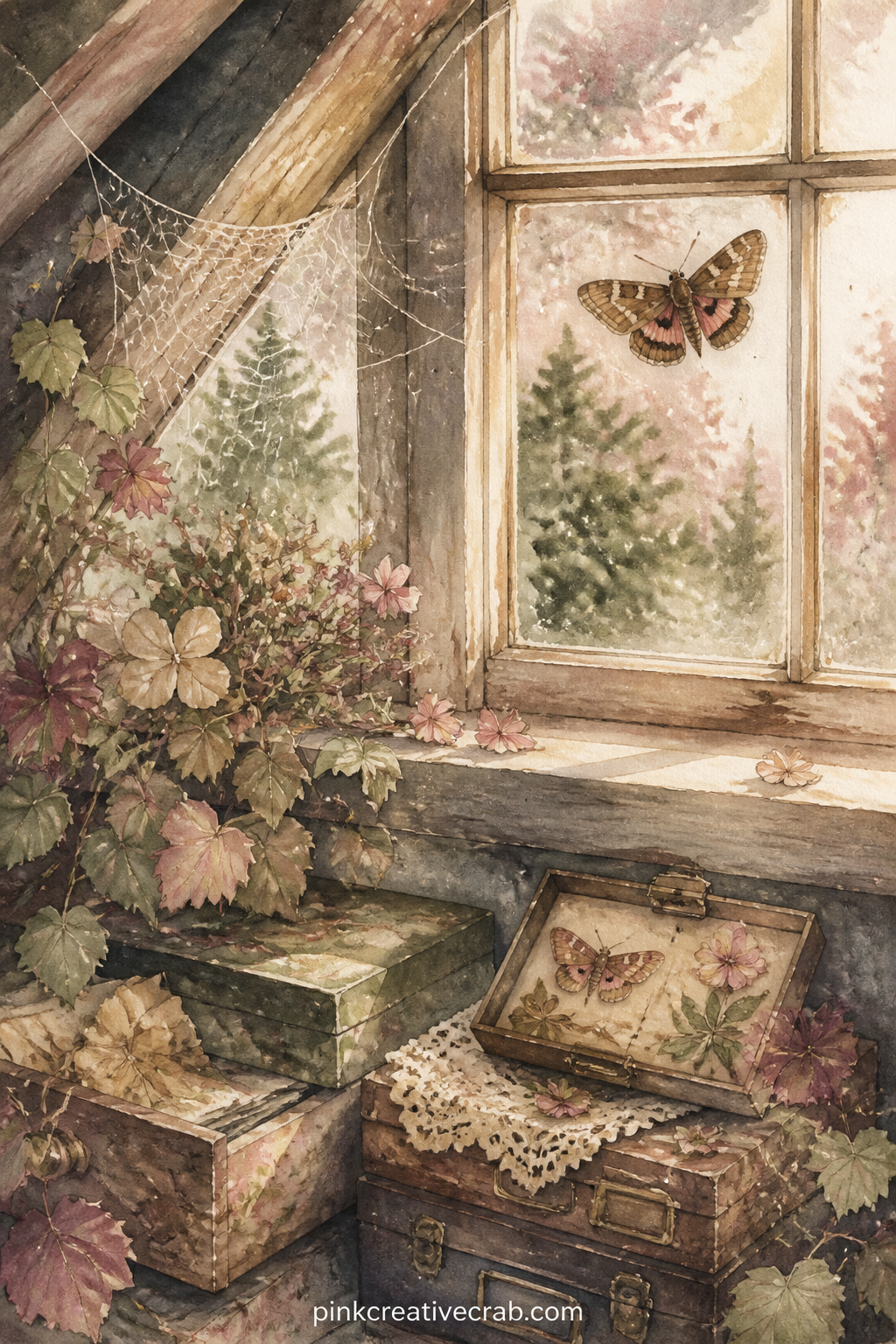 Sunlit Attic Window printable page — For the five-minute version, skip the dust and cobweb details and keep just the window, the moth and the light. Junk