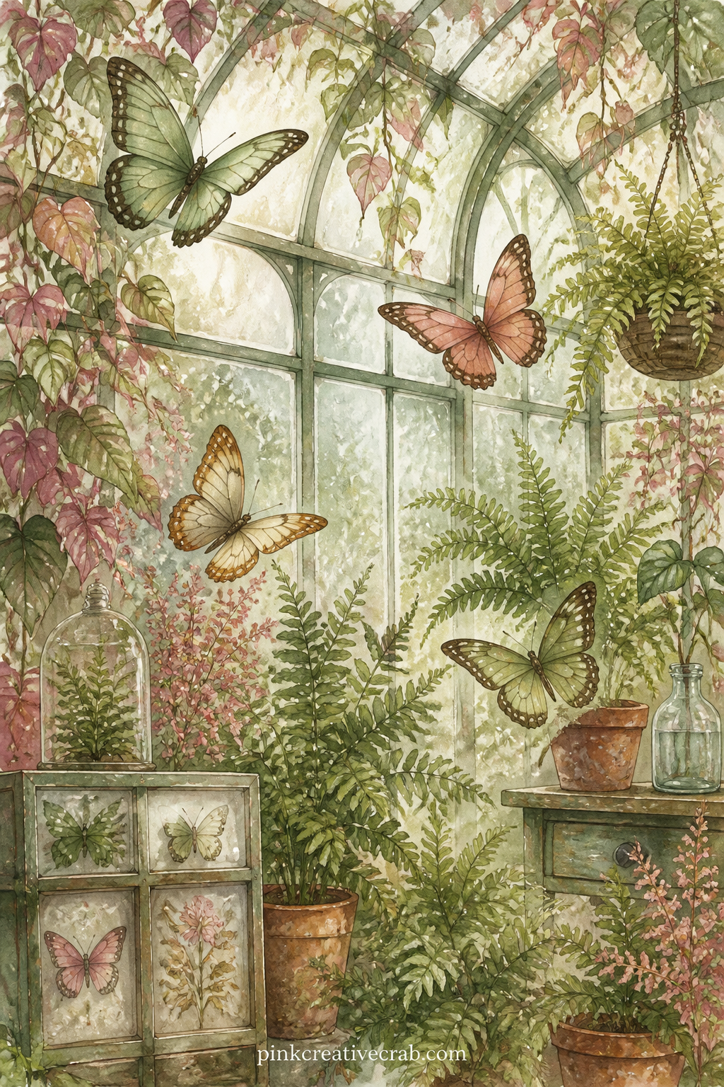 Greenhouse Of Butterflies printable page — Fill a glass greenhouse with potted ferns and trailing vines, four butterflies drifting between the plants and