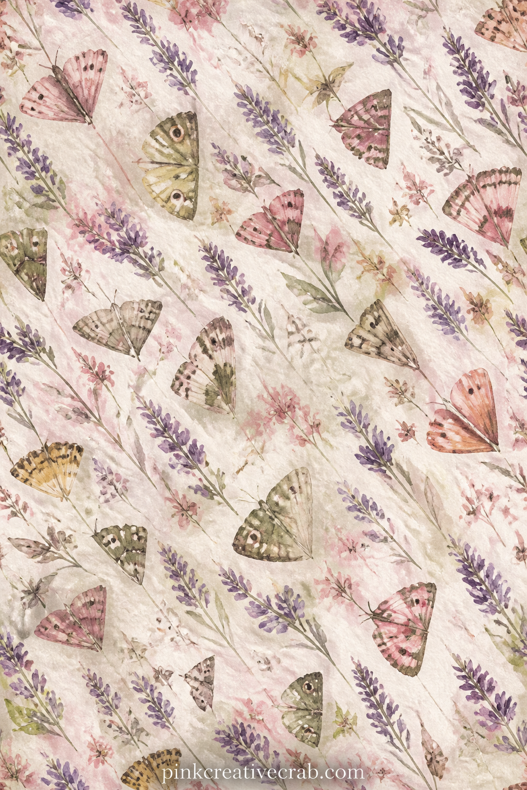 Wings And Florals Pattern printable page — Small moth and butterfly wings scatter edge to edge among tiny lavender sprigs, each motif repeating on the