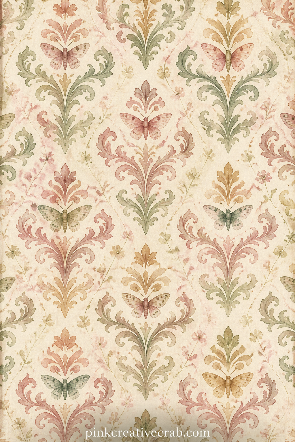Vintage Moth Damask printable page — A faded damask swirl carries small moth silhouettes within each curl, repeating steadily across the page. Junk journal