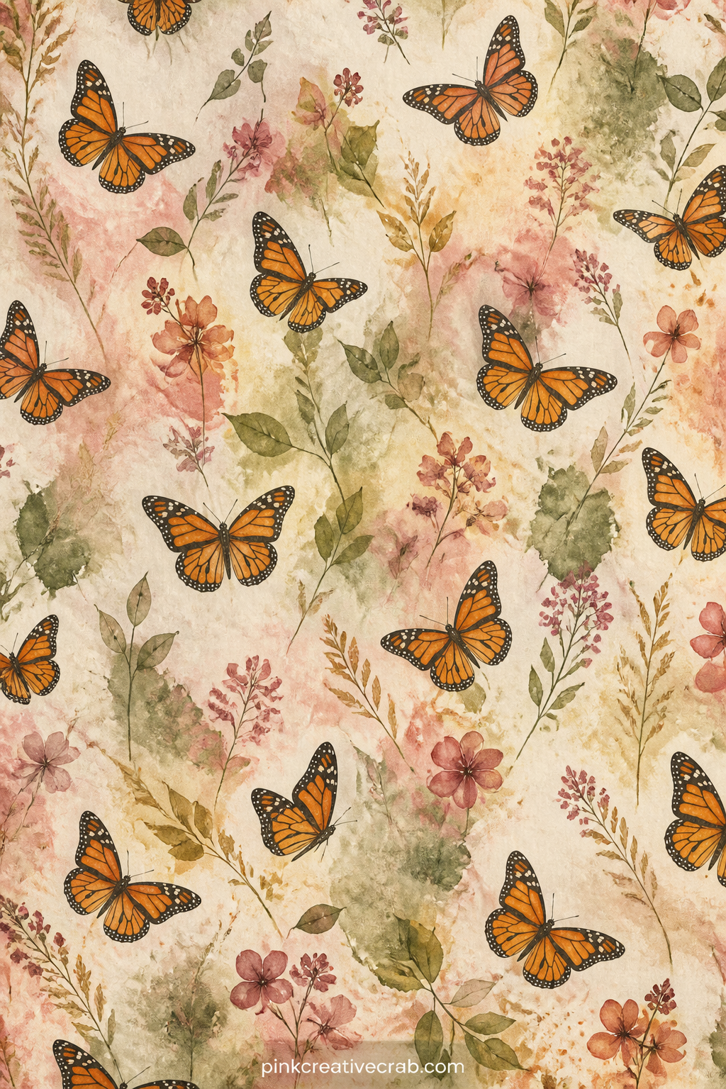 Scattered Monarch Pattern printable page — Tiny monarch butterflies repeat in loose rows across a soft field wash, wings angled differently in each row. Junk