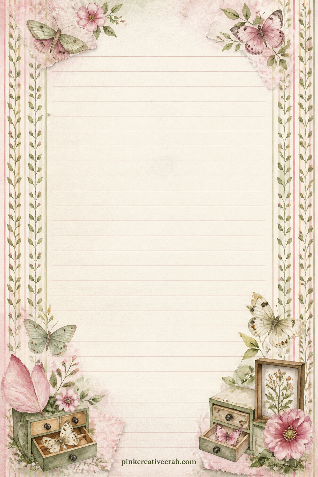 Botanical Ticking Stripe printable page — Narrow stripes in muted tones alternate with a thin vine of tiny leaves and buds running the length of each line.