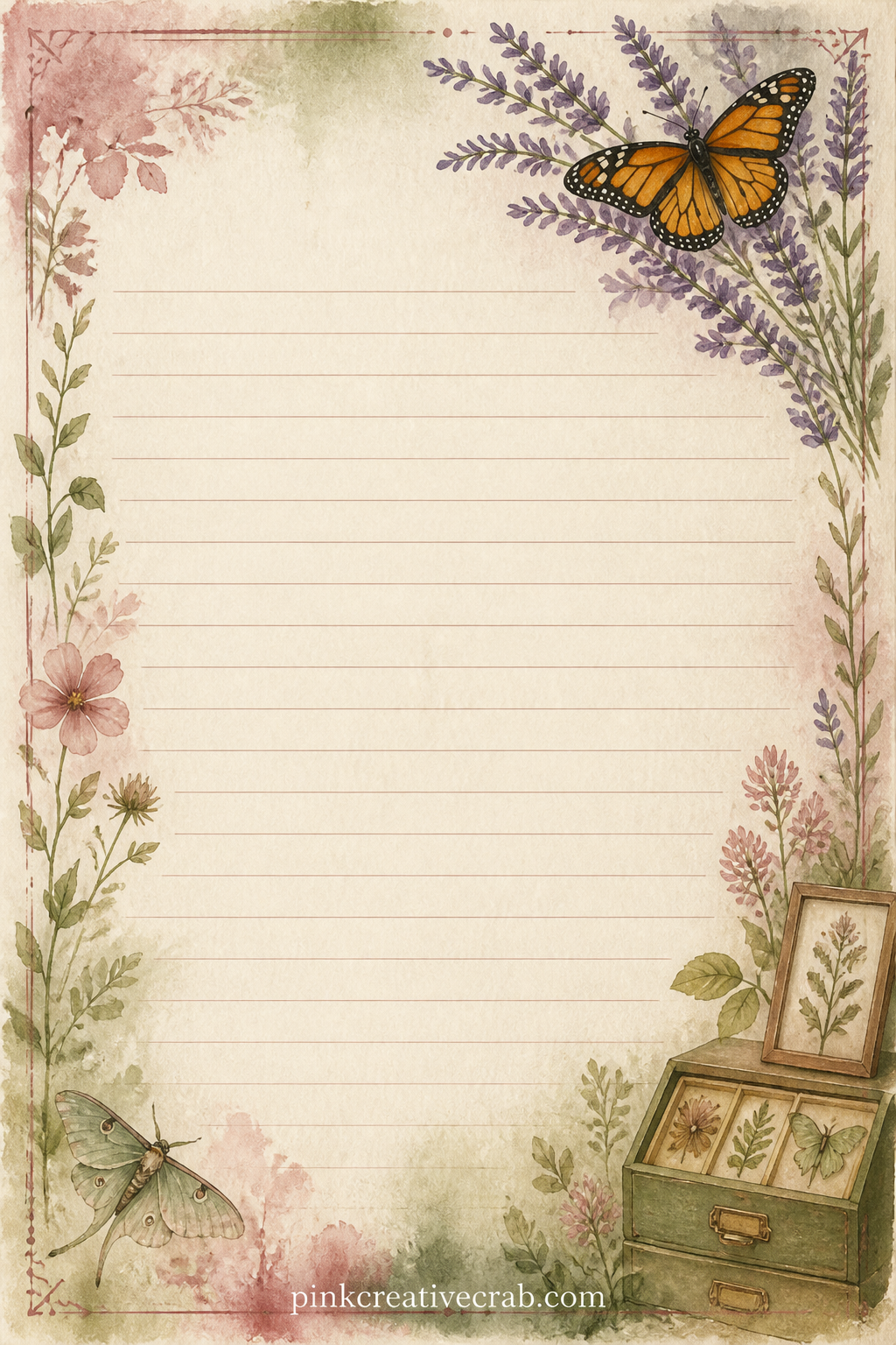Garden Notes Lined Page printable page — A corner spray of lavender and a single monarch frame the top of this page. Junk journal butterflies