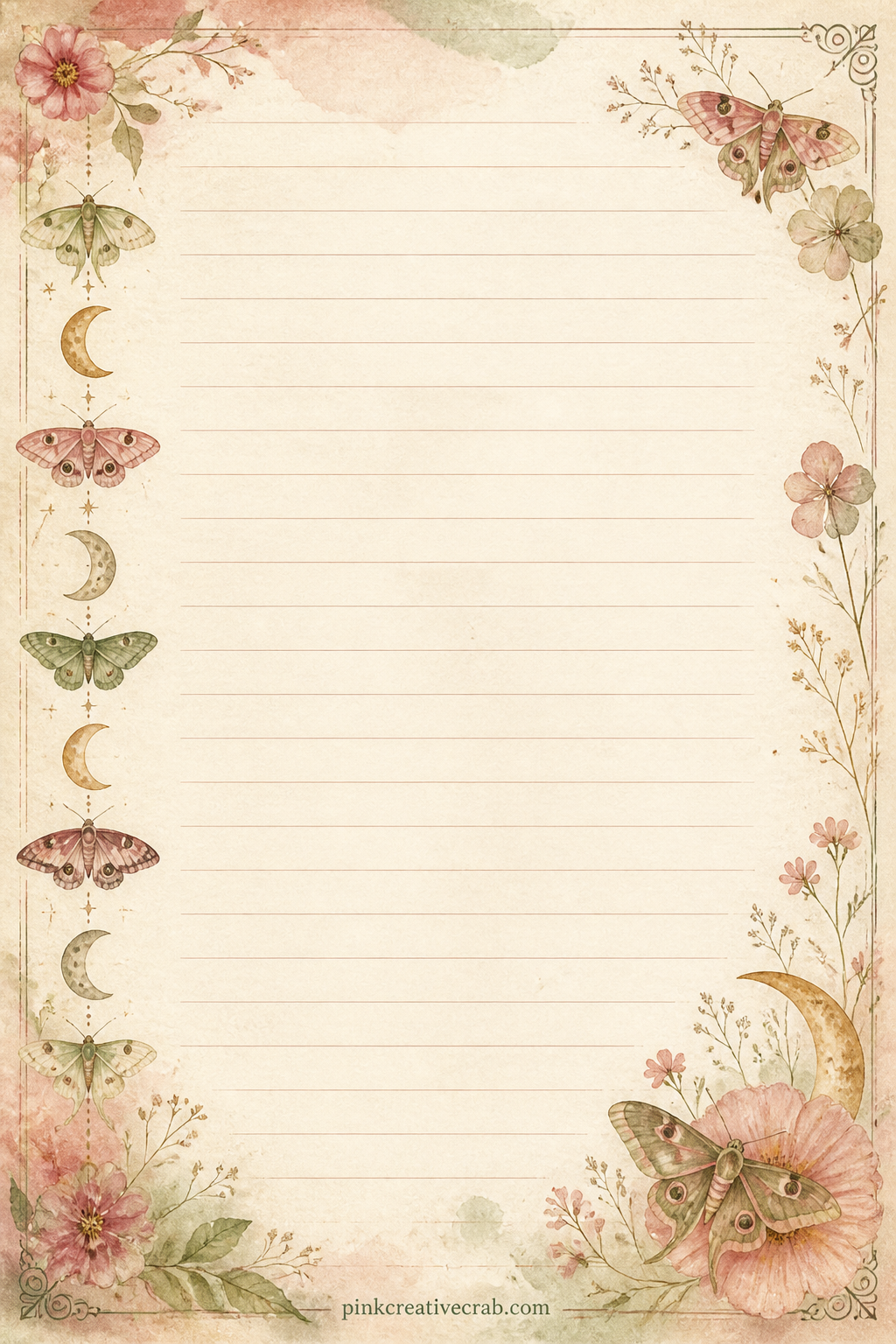 Moonlit Moth Lined Page printable page — A thin band of moths and crescent moons runs down the left side of this page. Junk journal butterflies