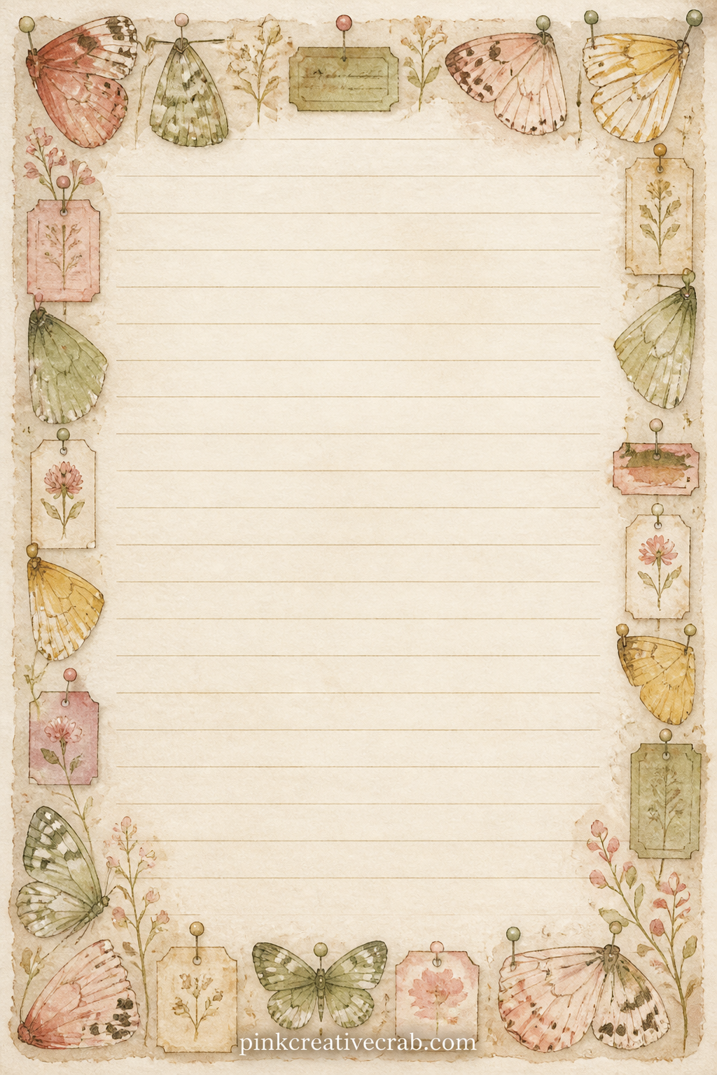 Specimen Frame Lined Page printable page — A delicate frame of pinned wings and faded labels borders all four edges here. Junk journal butterflies