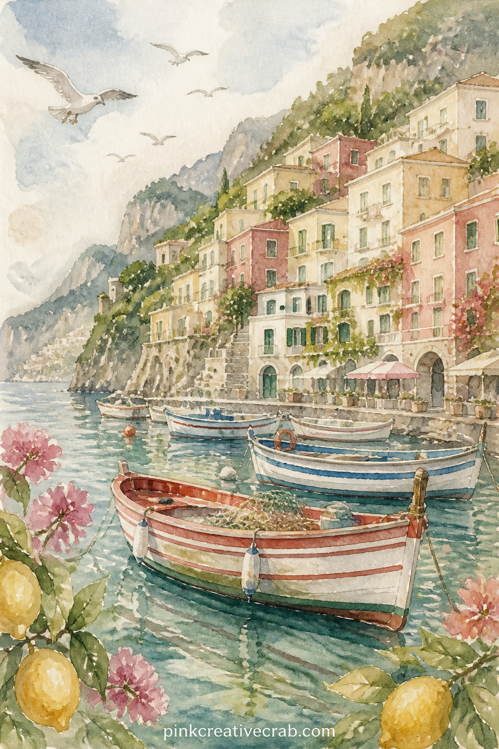 Amalfi Harbor Morning printable page — Tuck in a ferry ticket stub or a folded napkin from a seaside cafe here, right along the lower edge where the boats are