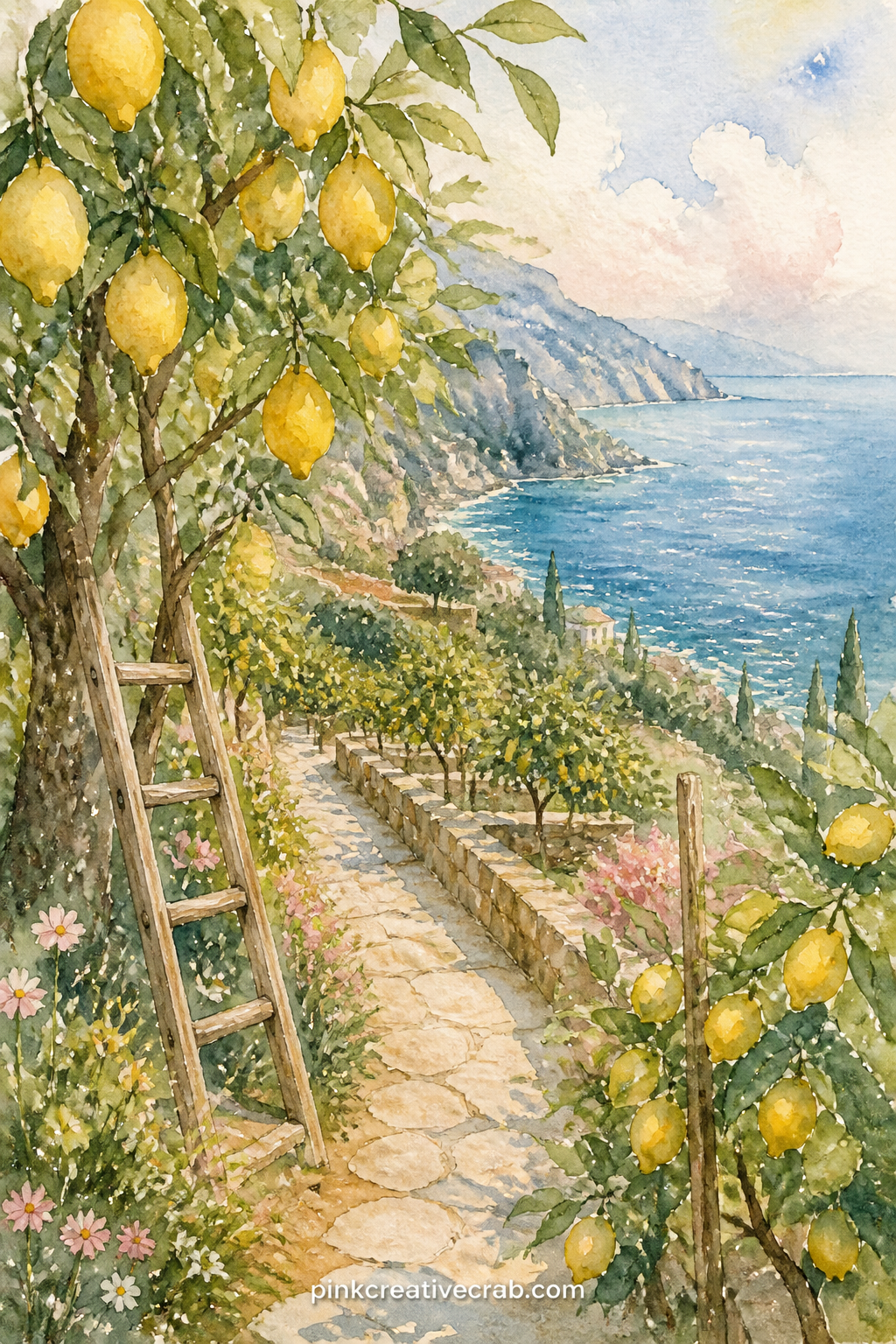 Lemon Grove on the Cliffside printable page — A terraced lemon grove tumbles down toward the sea, the fruit heavy on every branch and the water bright beyond