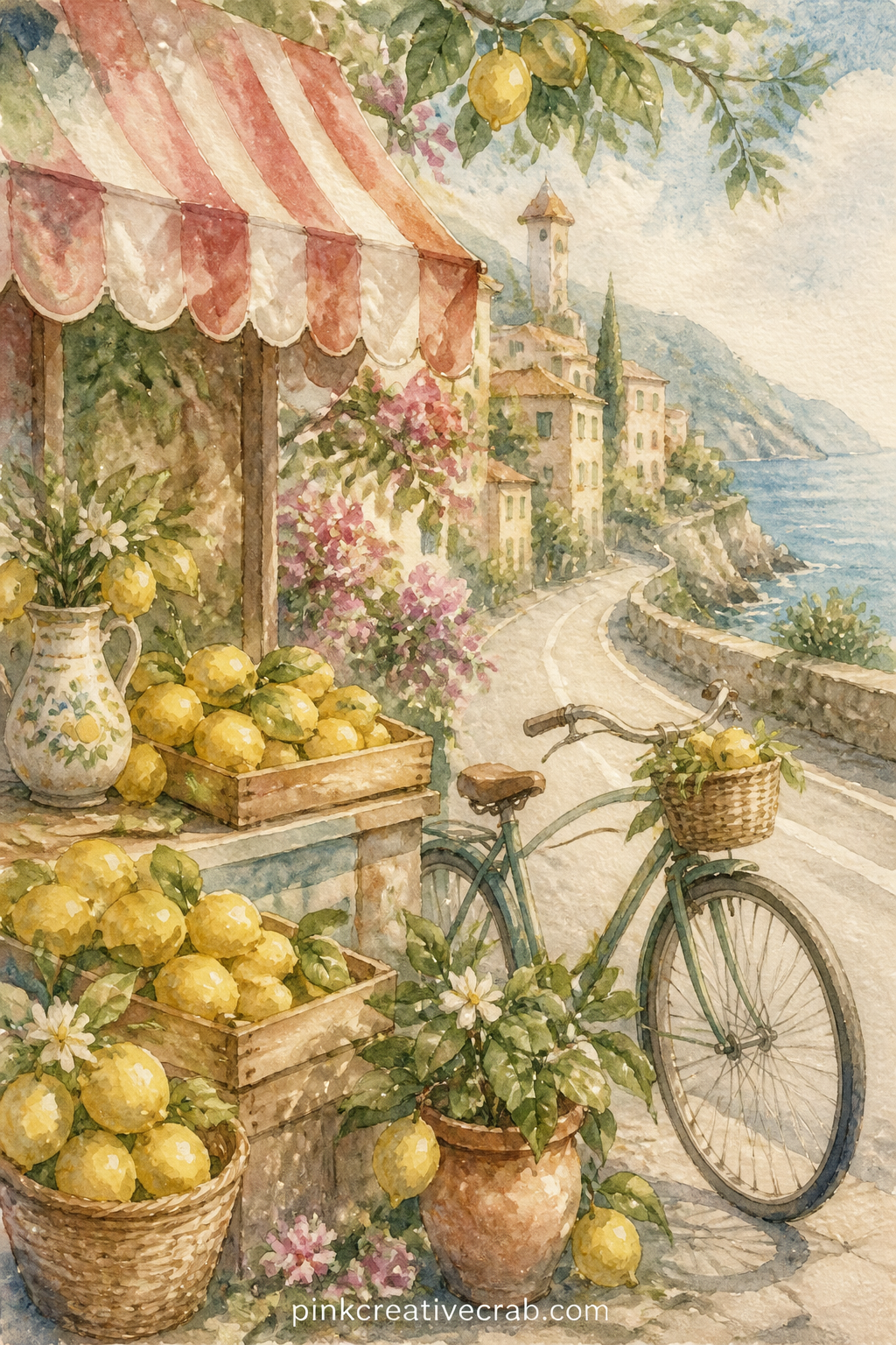 Lemon Stand by the Road printable page — Pair this one with the lemon and tile pattern page later in the set, using the pattern as a facing page so the two