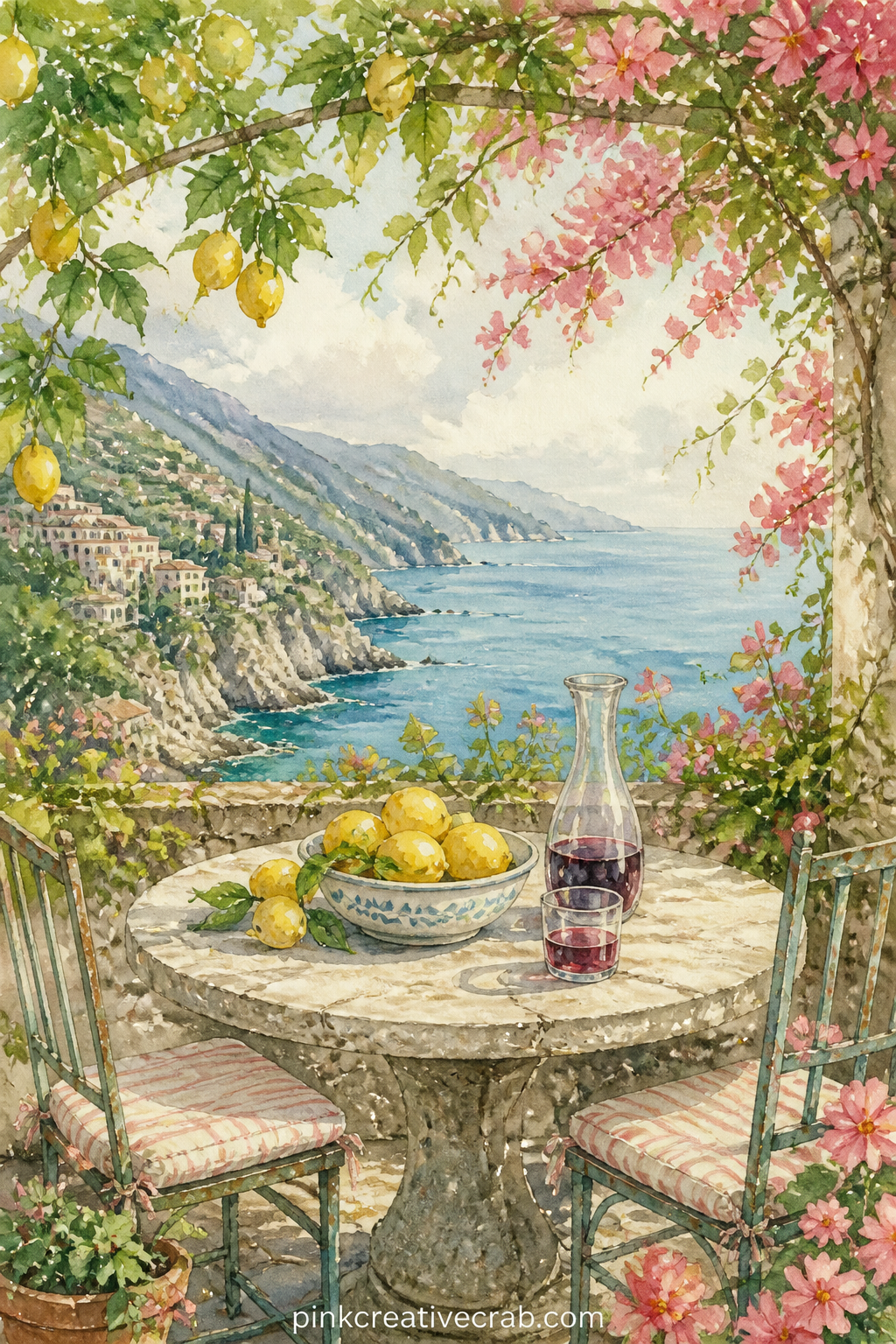 Cliffside Garden Table printable page — The usual mistake with a quiet table scene is leaving too much empty stone around it. Italy junk journal