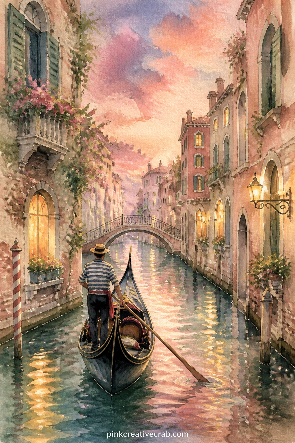 Venice Canal at Dusk printable page — A single gondola glides past leaning buildings with lamplight starting to glow in a window above the water, painted in