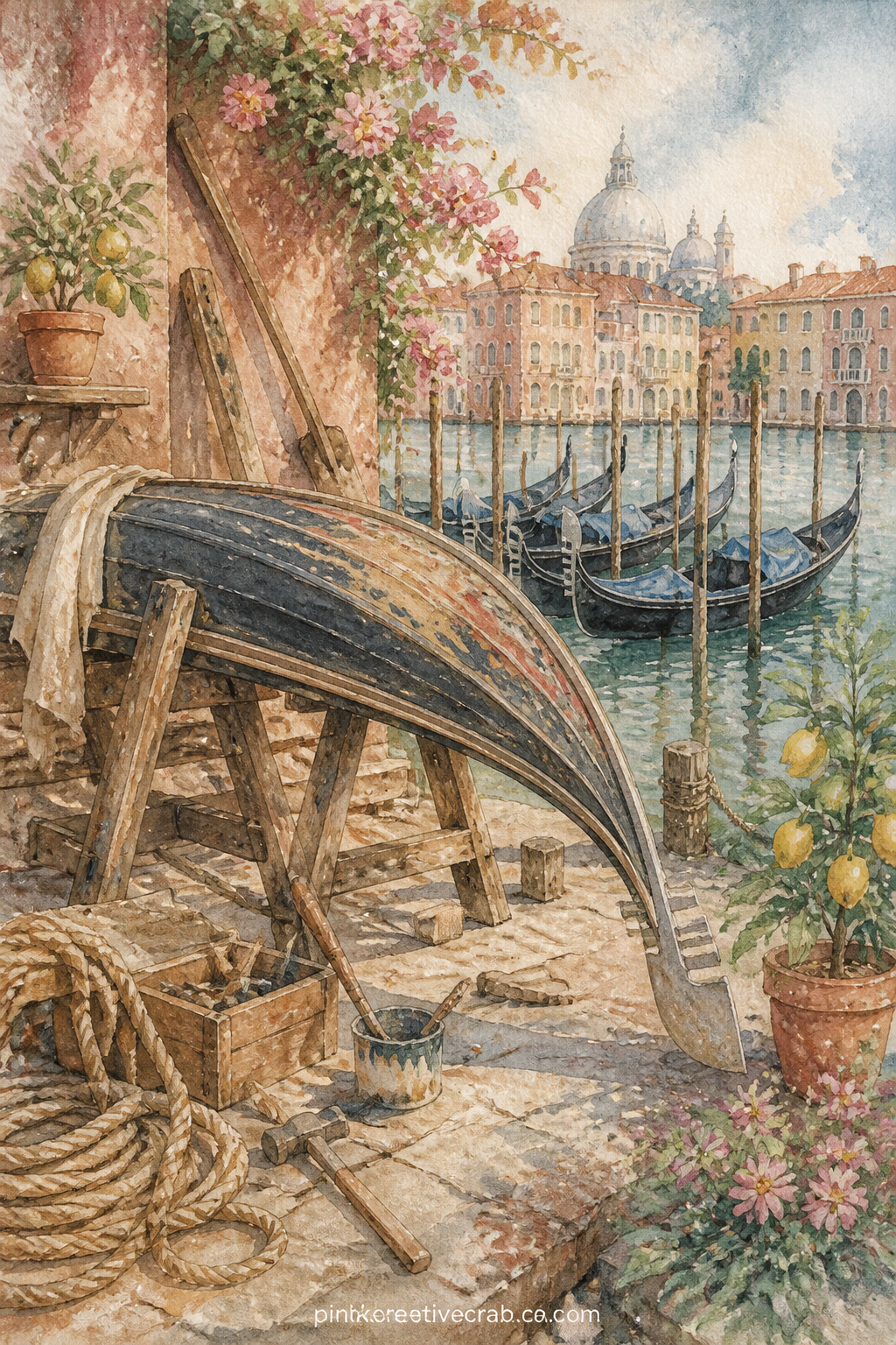 Gondola Repair Yard printable page — Write the name of a canal you have crossed, or one you hope to see, along the worn planks of the yard painted at the
