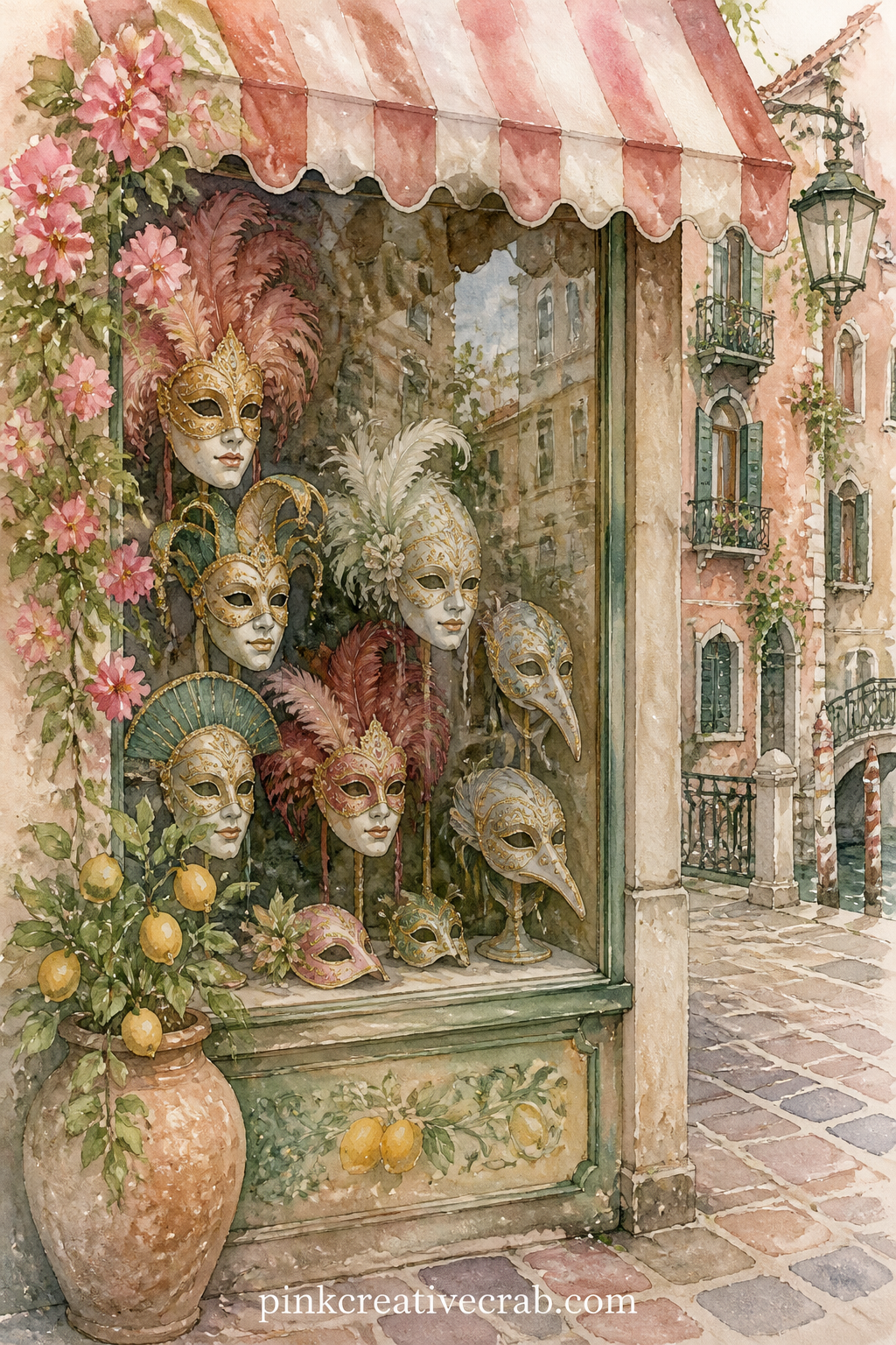 Venetian Mask Shop Window printable page — Glue a small photo of a mask or costume here, sized to sit inside the shop window frame painted on the page. Italy