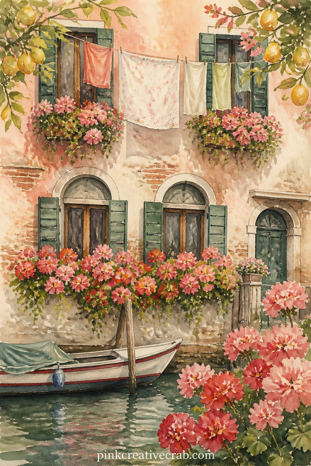 Canal Side Flower Boxes printable page — Place this page beside the Venice canal at dusk scene, matching the daylight flower boxes here against the lamplit