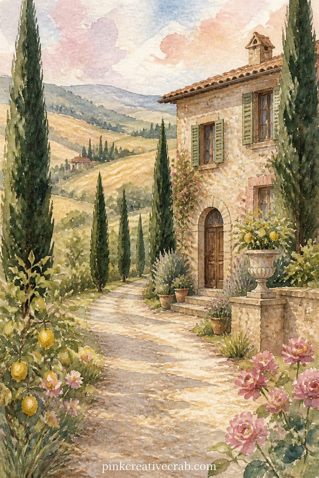 Tuscan Villa Among the Cypress Trees printable page — A stone villa with shuttered windows sits at the top of a gravel drive, flanked by tall dark cypress
