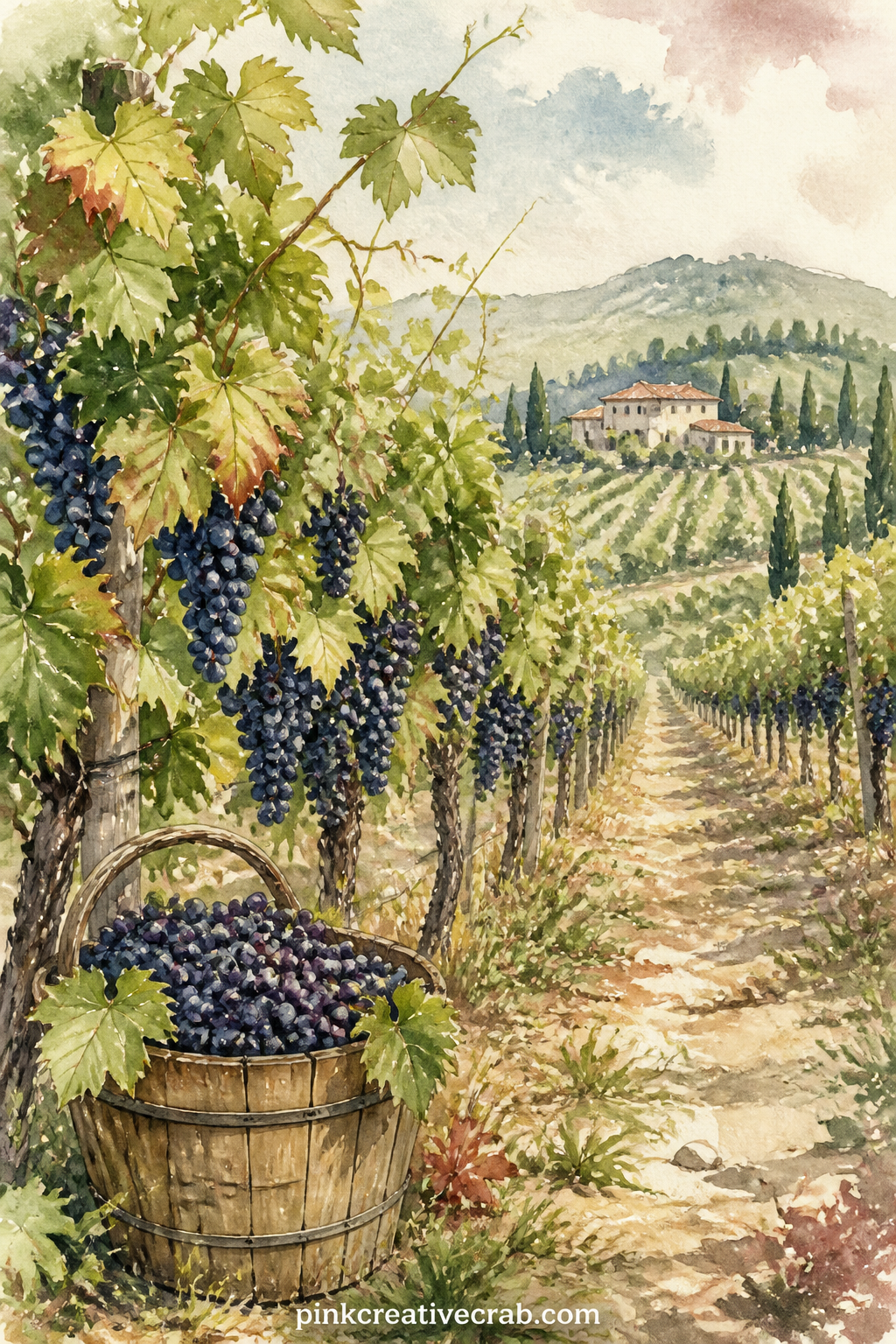 Vineyard Rows at Harvest printable page — Record the date and the name of a wine you tasted on this page, or leave the space blank for whichever harvest memory
