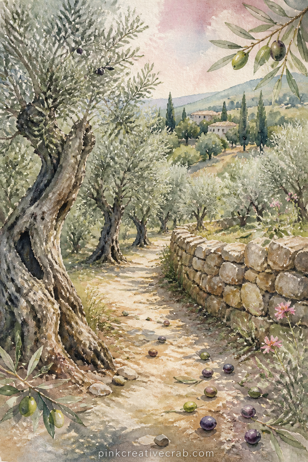 Olive Grove Path printable page — Tear the right edge of this page roughly by hand before gluing it in, so the pale trunks of the olive trees seem to fade into