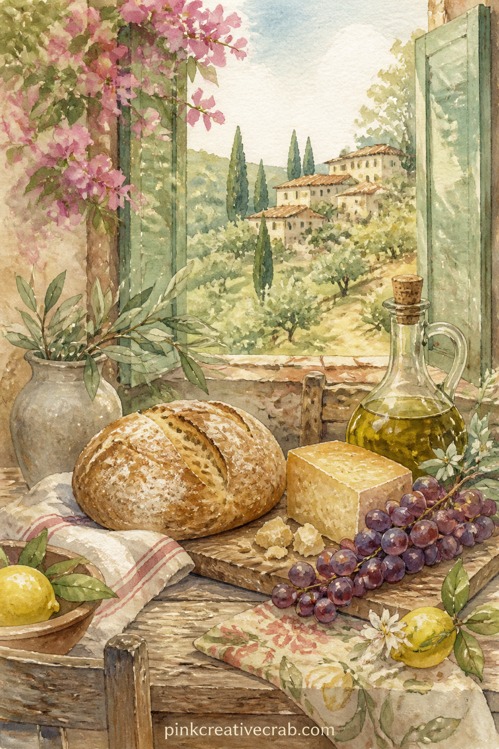 Farmhouse Kitchen Table printable page — Set out a loaf of bread, a wedge of cheese and a jug of oil on a rough wooden table, with a window open to the hills