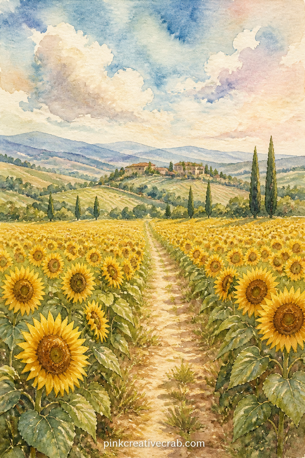 Sunflower Field Below the Hills printable page — Good for the gift journal of a reader planning a summer trip: this field reads as pure anticipation, full of