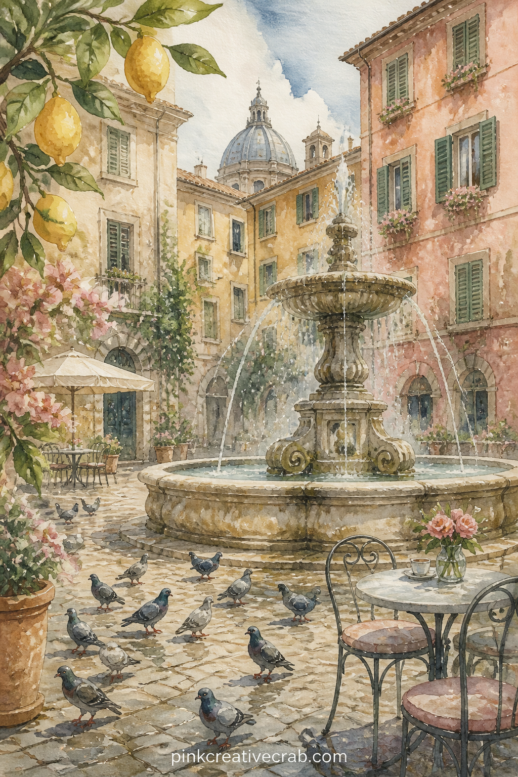 Roman Piazza with Fountain printable page — A stone fountain throws up a thin arc of water at the center of a busy piazza, pigeons scattered across the cobbles
