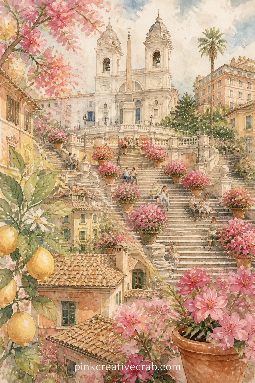 Spanish Steps in Bloom printable page — Pots of pink azaleas line the wide stone steps from bottom to top, a church facade crowning the climb and rooftops