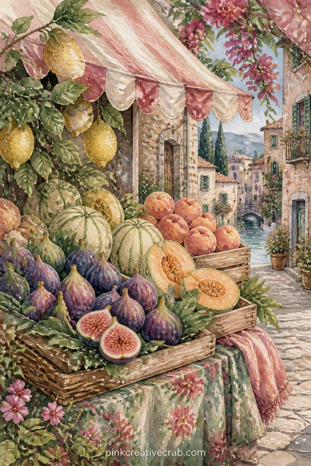 Market Stall of Figs and Melons printable page — A striped awning shades crates of figs, melons and peaches stacked at a market stall, a handwritten price sign