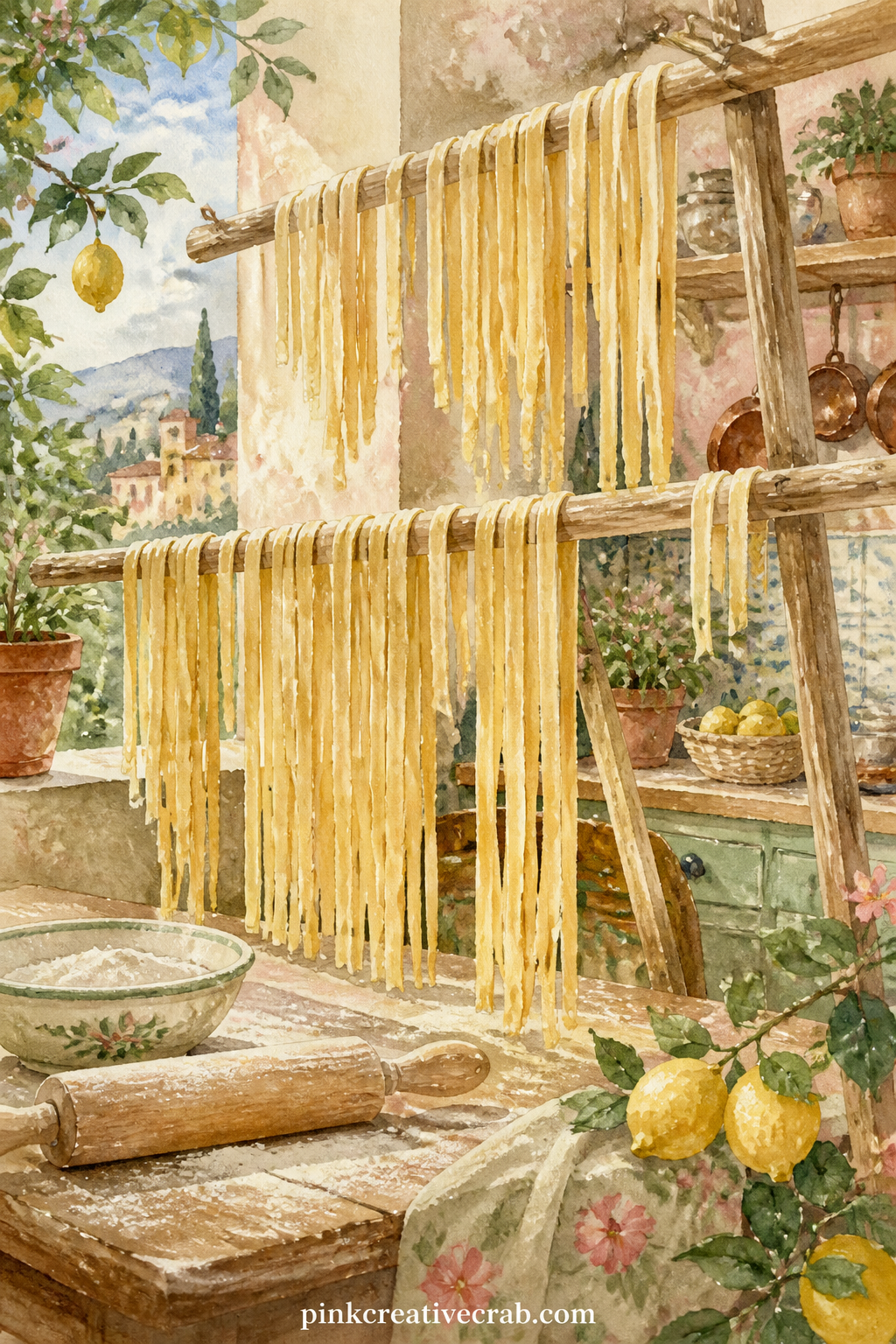 Pasta Drying on the Line printable page — Write out a family recipe or the ingredients for tonight's dinner along the lower edge of this page. Italy junk