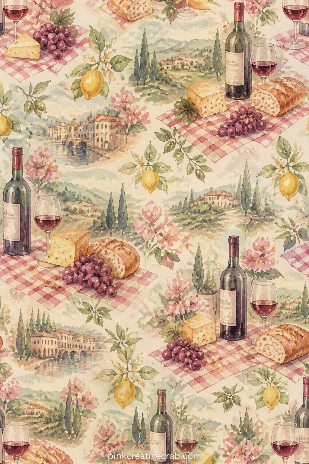 Wine and Cheese Picnic printable page — An open bottle of red wine stands beside a wedge of cheese and a cluster of grapes on a checked cloth, a hillside view