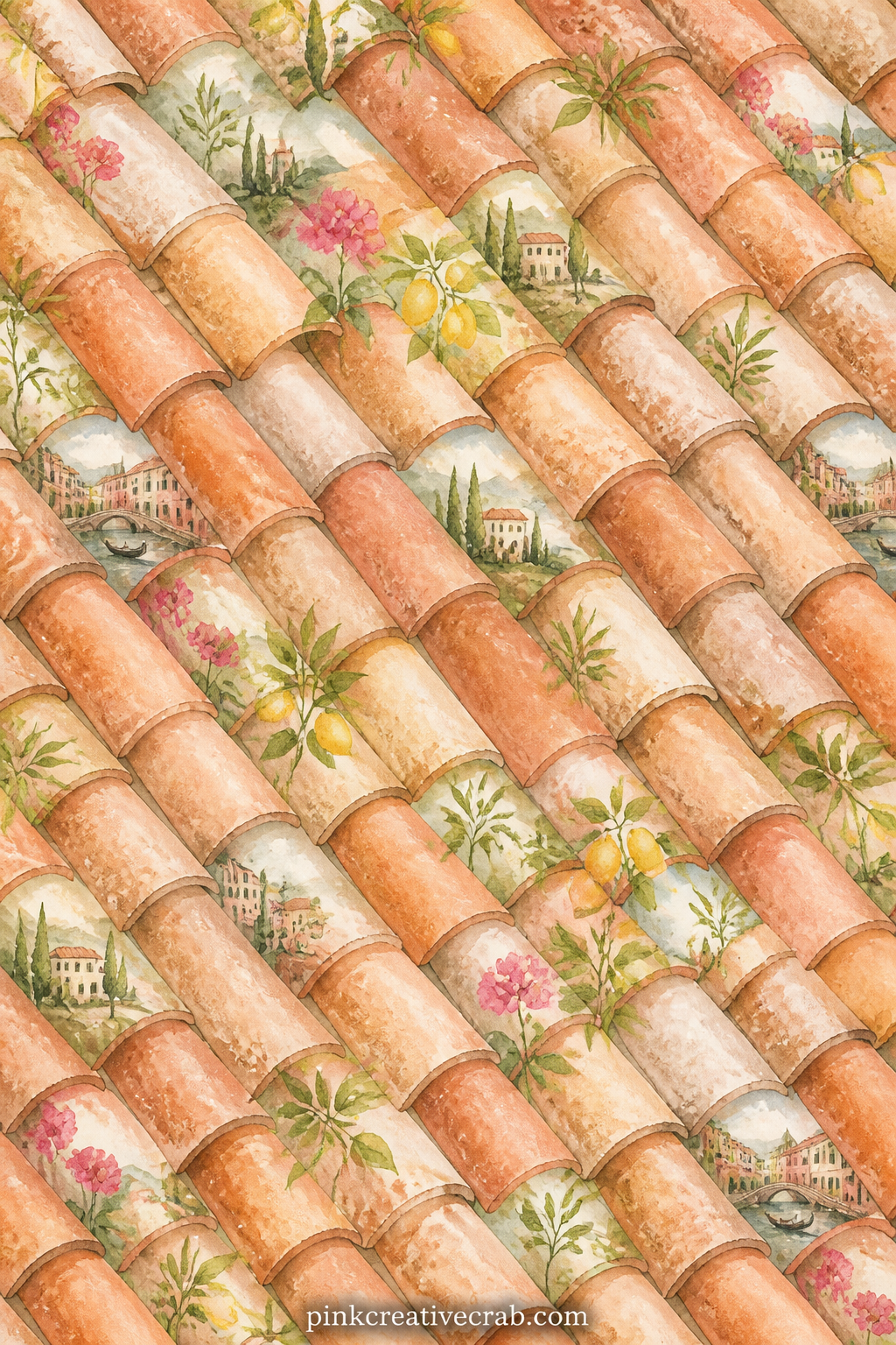 Terracotta Rooftop Pattern printable page — Good under a Tuscany photo, as a pocket lining, or folded into a simple cover, since the small roof tiles