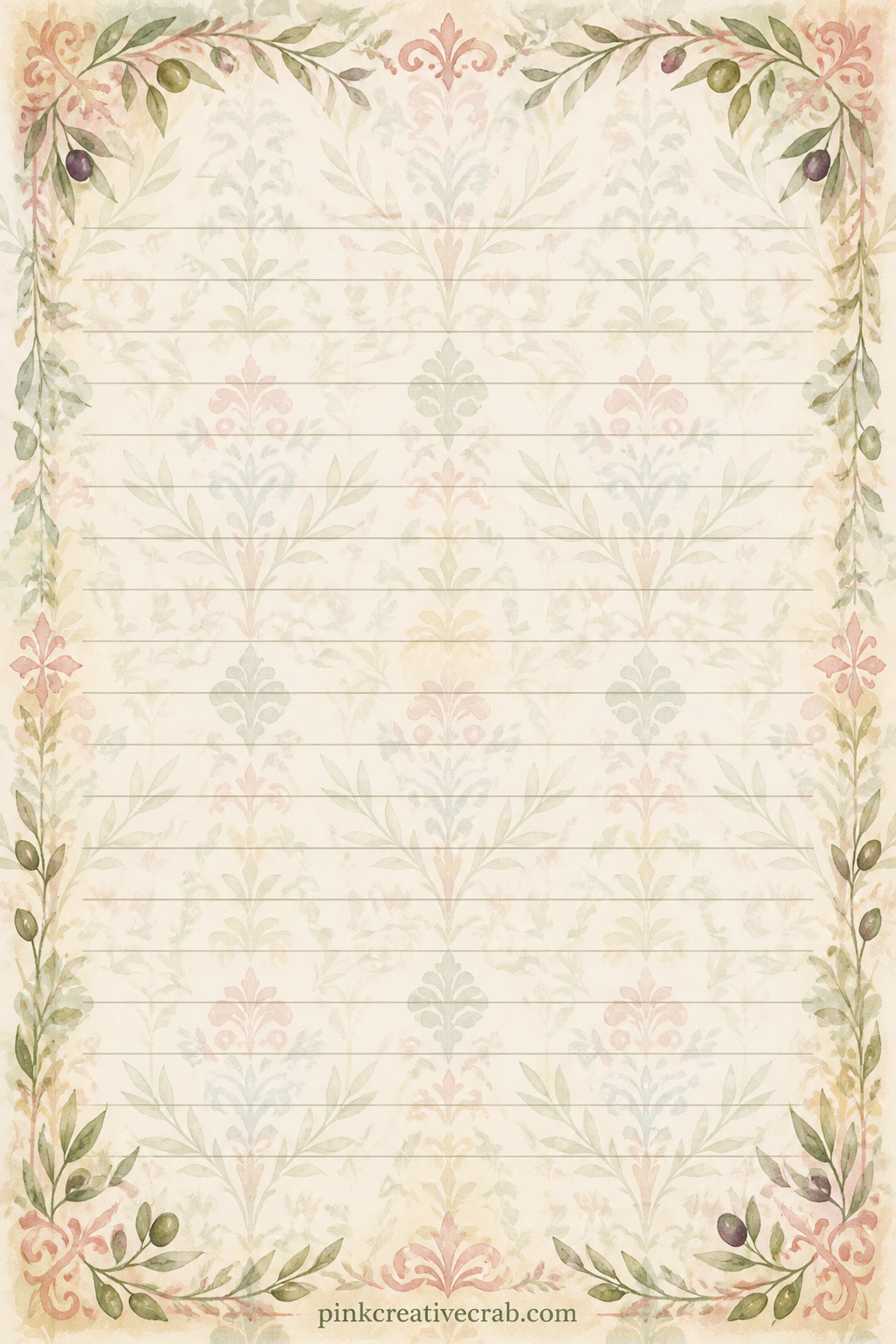 Olive Branch Damask Background printable page — Use this behind a formal photo, as a journal cover, or as a lining for a pressed leaf, since the olive branches