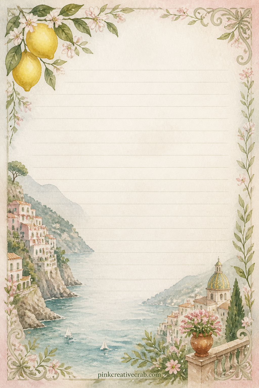 Amalfi Coast Lined Page printable page — Write a packing list, a coastal drive itinerary, or a letter to next year's traveler across these lines, framed by a