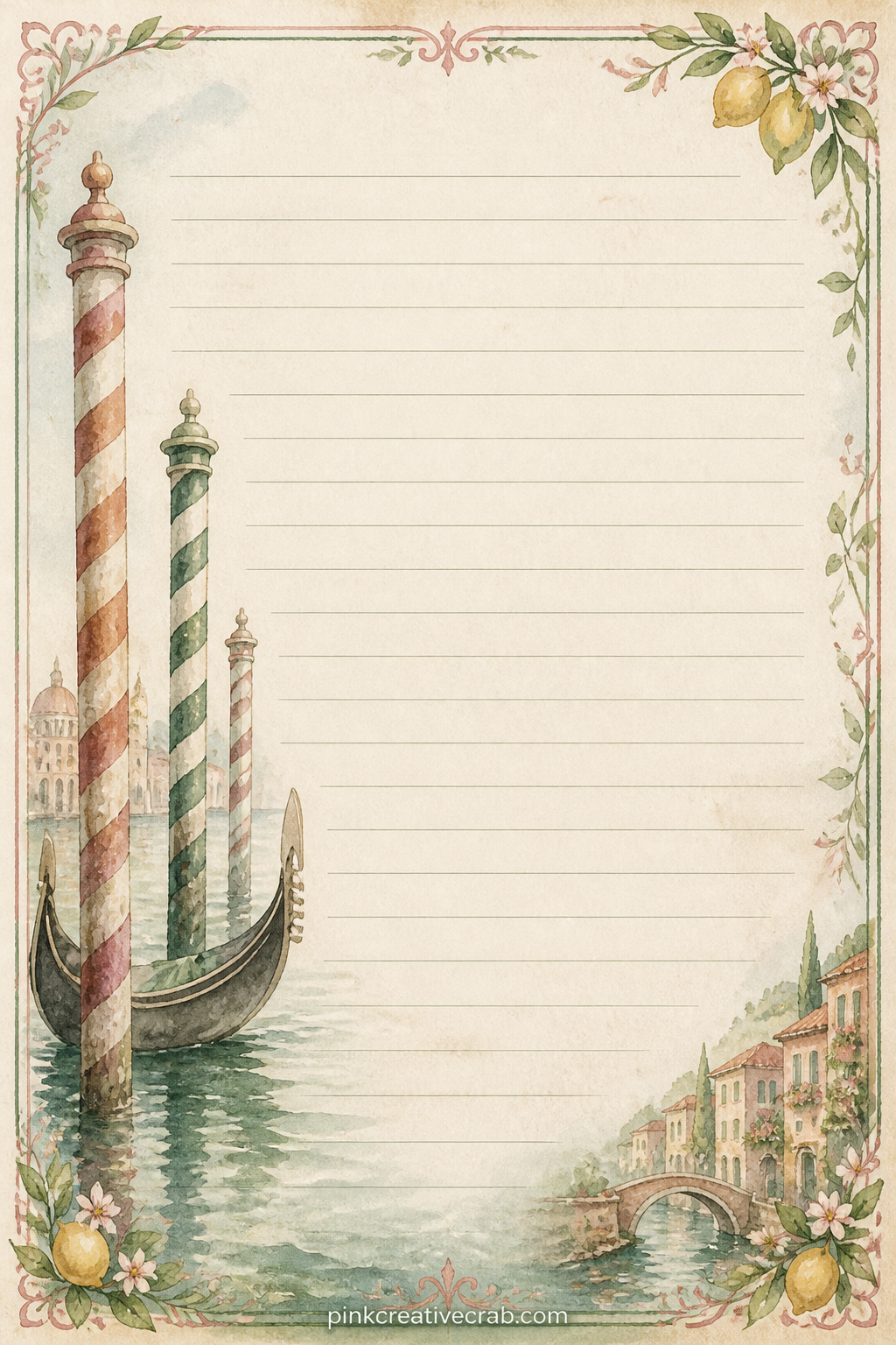 Venice Canal Lined Page printable page — Use this page for a gondola ride memory, a list of bridges crossed, or a short poem about the water, bordered by a